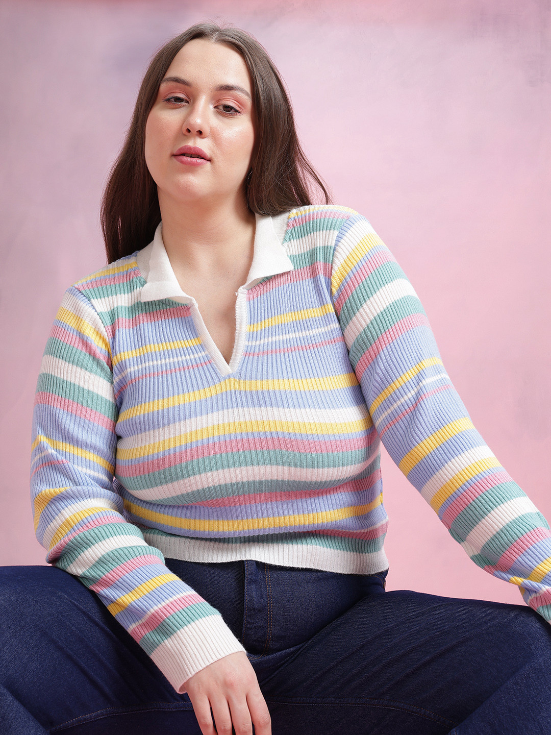 DressBerry Curve Plus Size Striped Acrylic Crop Pullover