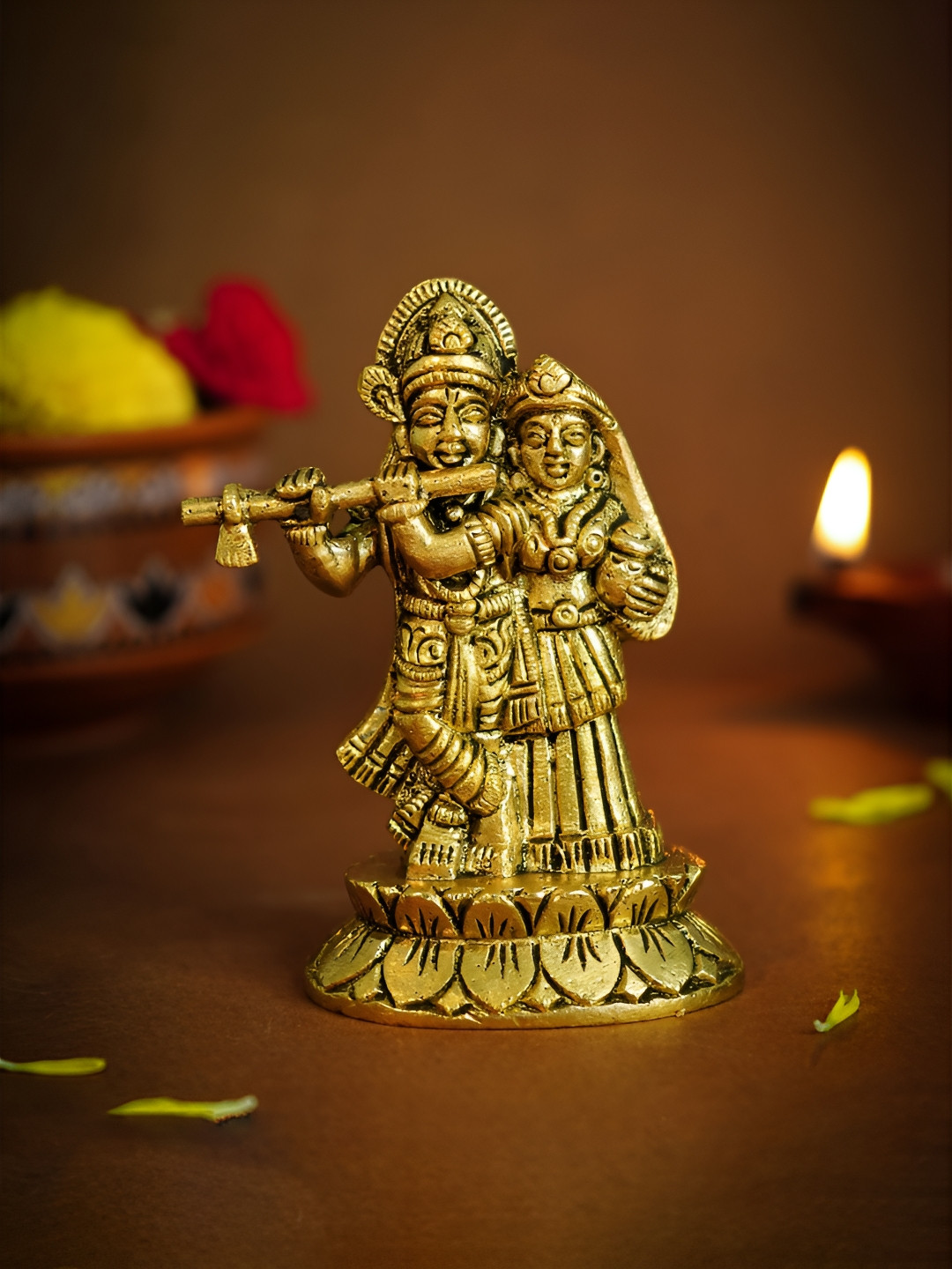 Ekhasa Radha Krishna Gold Brass Metallic Prayer Room Small Showpiece - 3.5 Inches