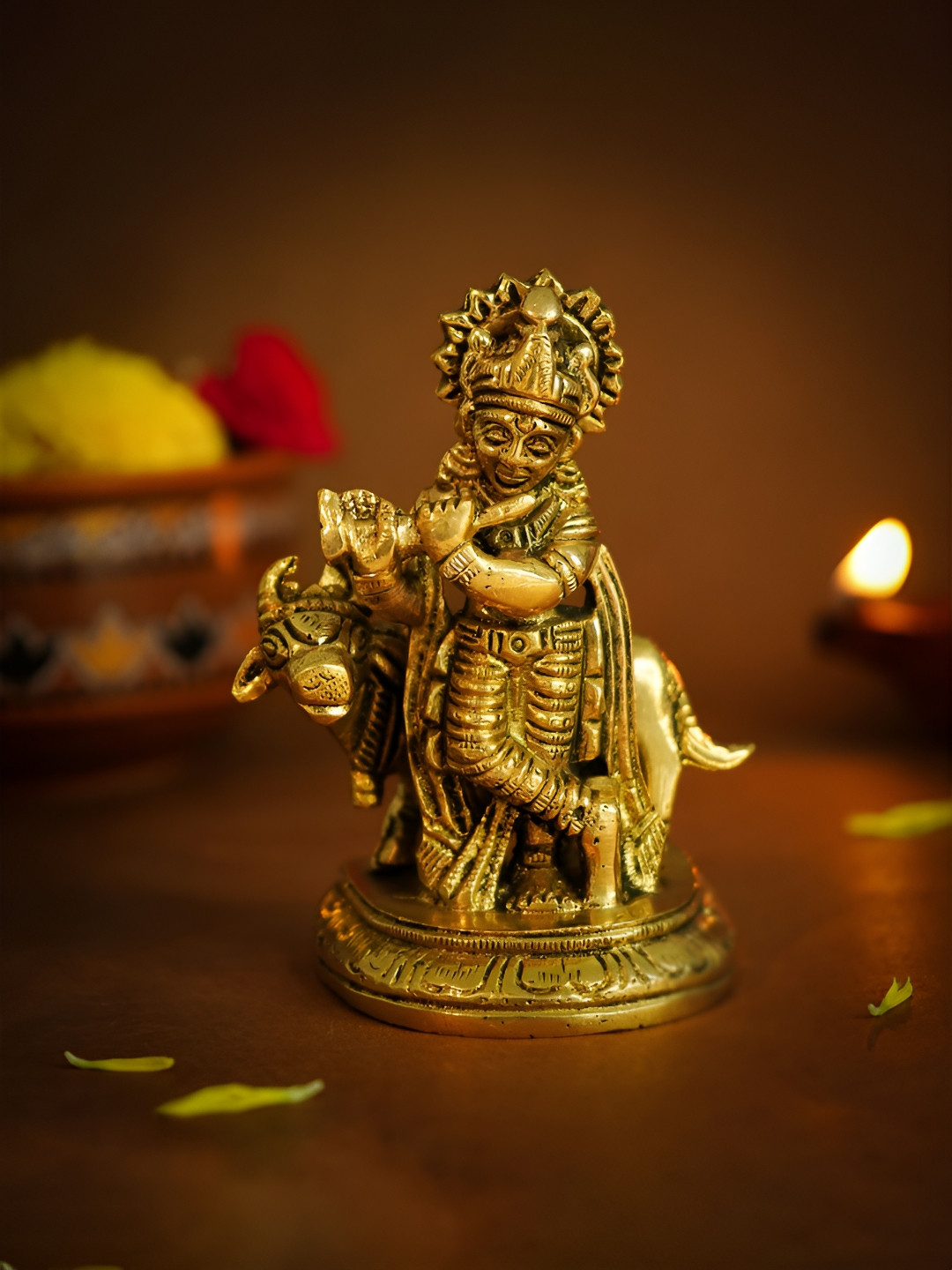 Ekhasa Lord Krishna with Flute and Cow Gold Brass Metallic Prayer Room Small Showpiece - 3.5 Inches