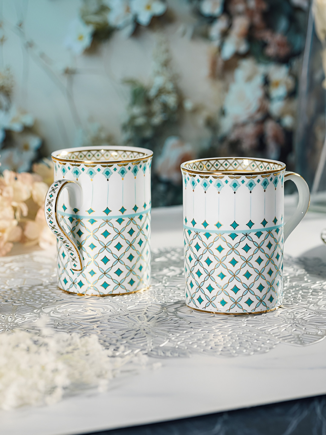 Troveas Chic Fomo White Geometric Bone China Microwave Safe 2 Piece Mugs-240ml