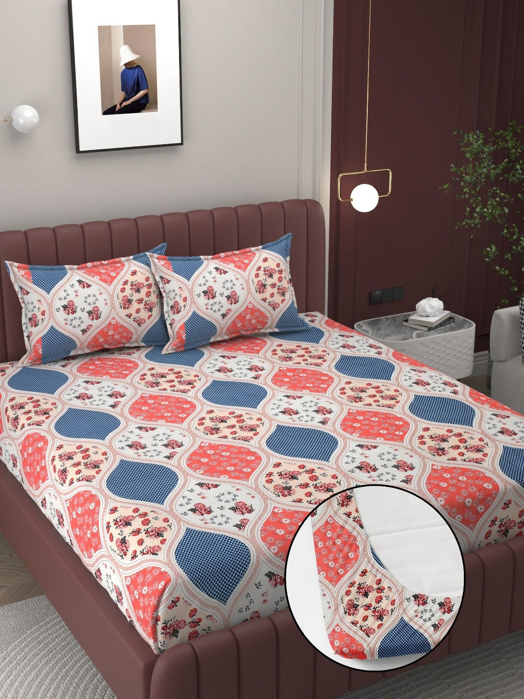 Bromwick Pink Floral Cotton 210 TC Fitted Crib Superfine Bedsheet with 2 Pillow Covers-228 x 214 cm