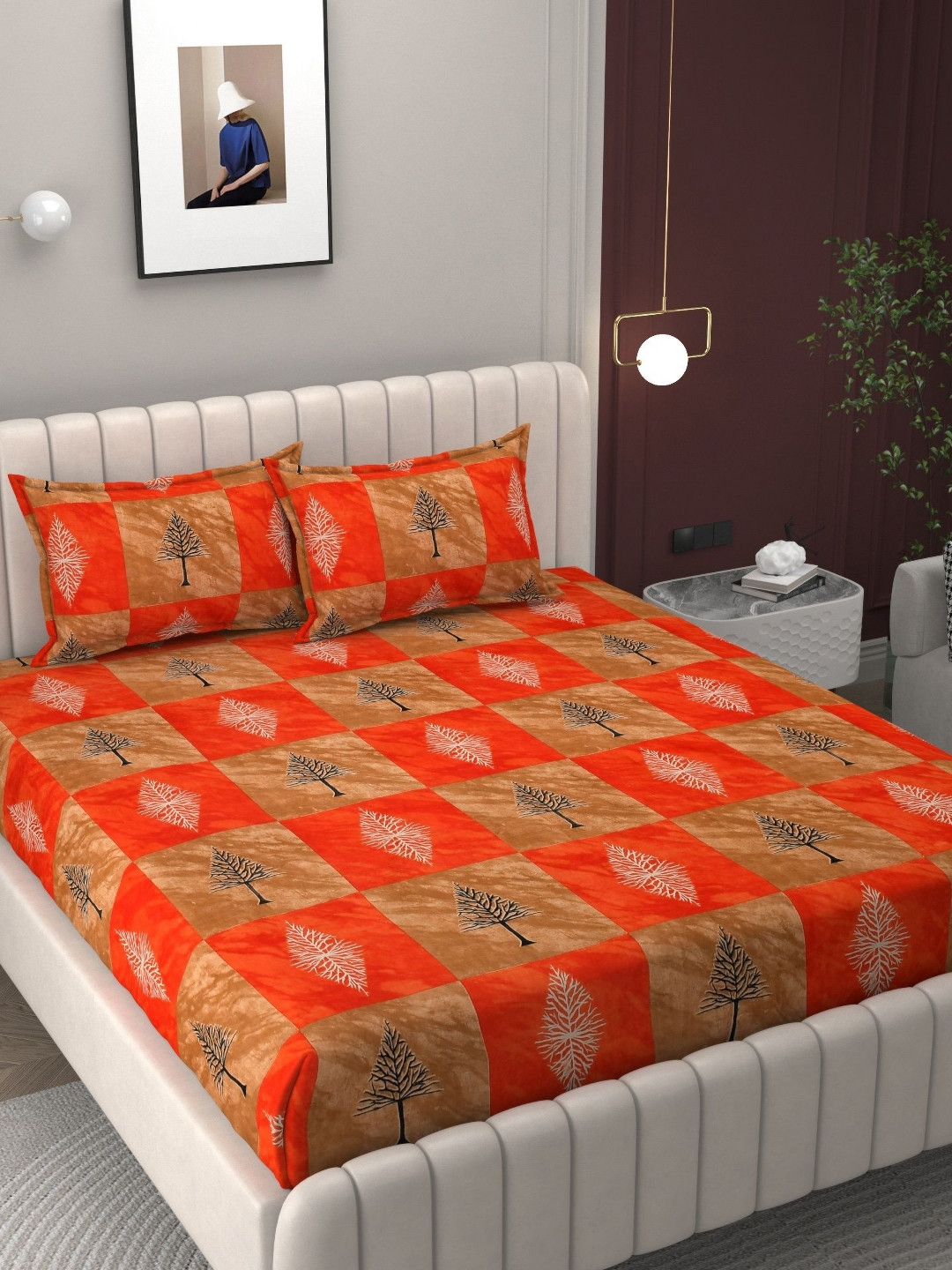 Bromwick Red Leaf Cotton 210 TC King Superfine Bedsheet with 2 Pillow Covers-90 x 95 inches