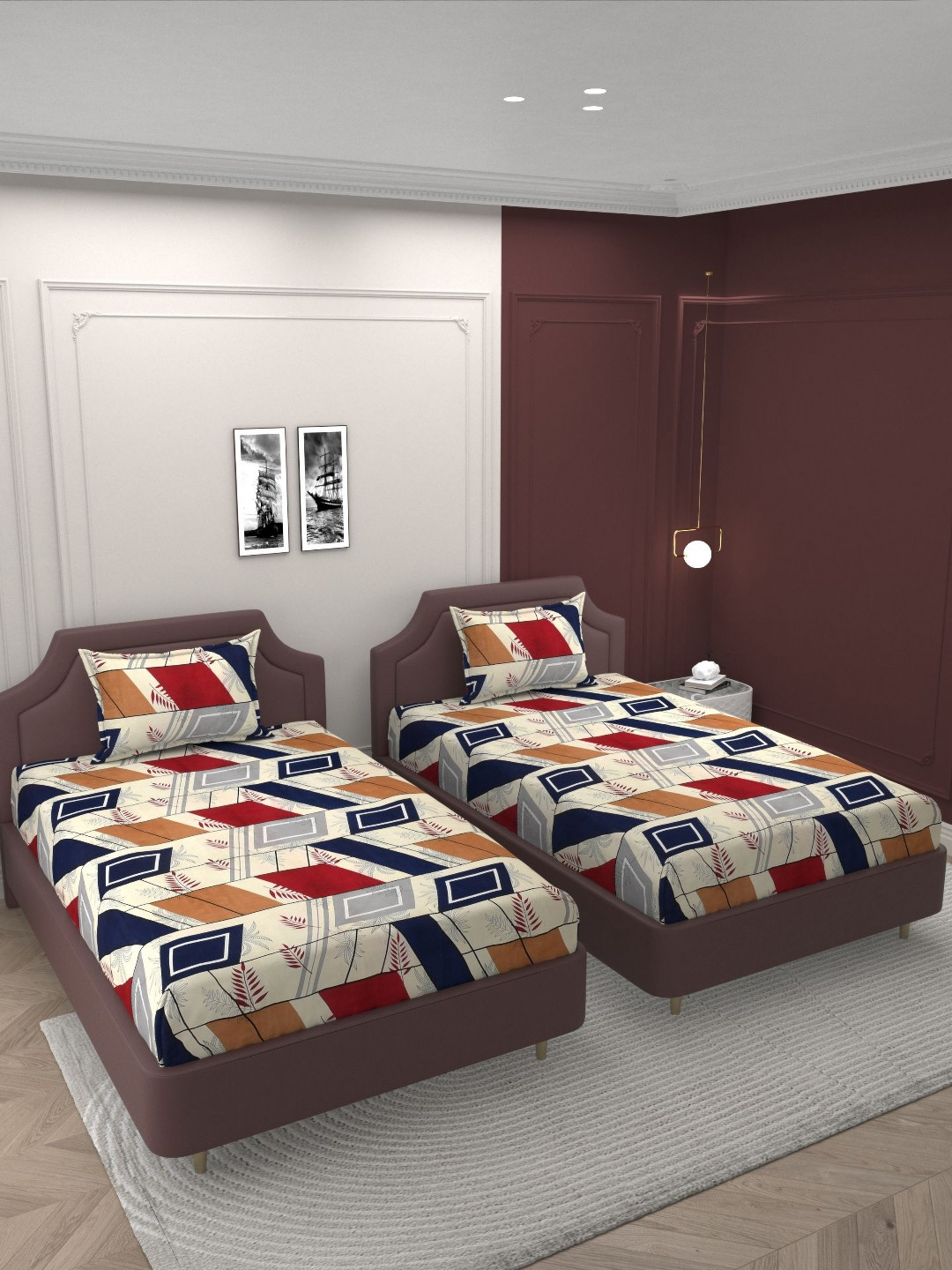 Bromwick Red 2 Piece Geometric Cotton 210 TC Single Bedsheet Set-2.28 m x 1.53 m