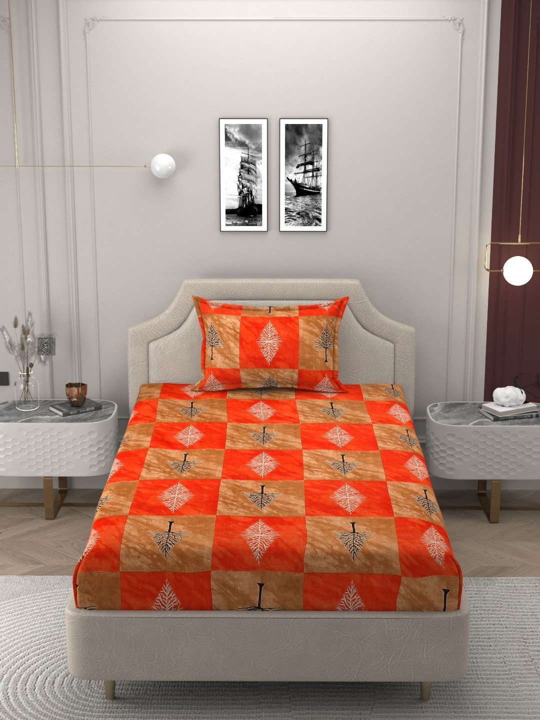 Bromwick Floral Single Bedsheet Collection Red Graphic Cotton 210 TC Single Superfine Bedsheet with a Pillow Cover-90 x 60 inches