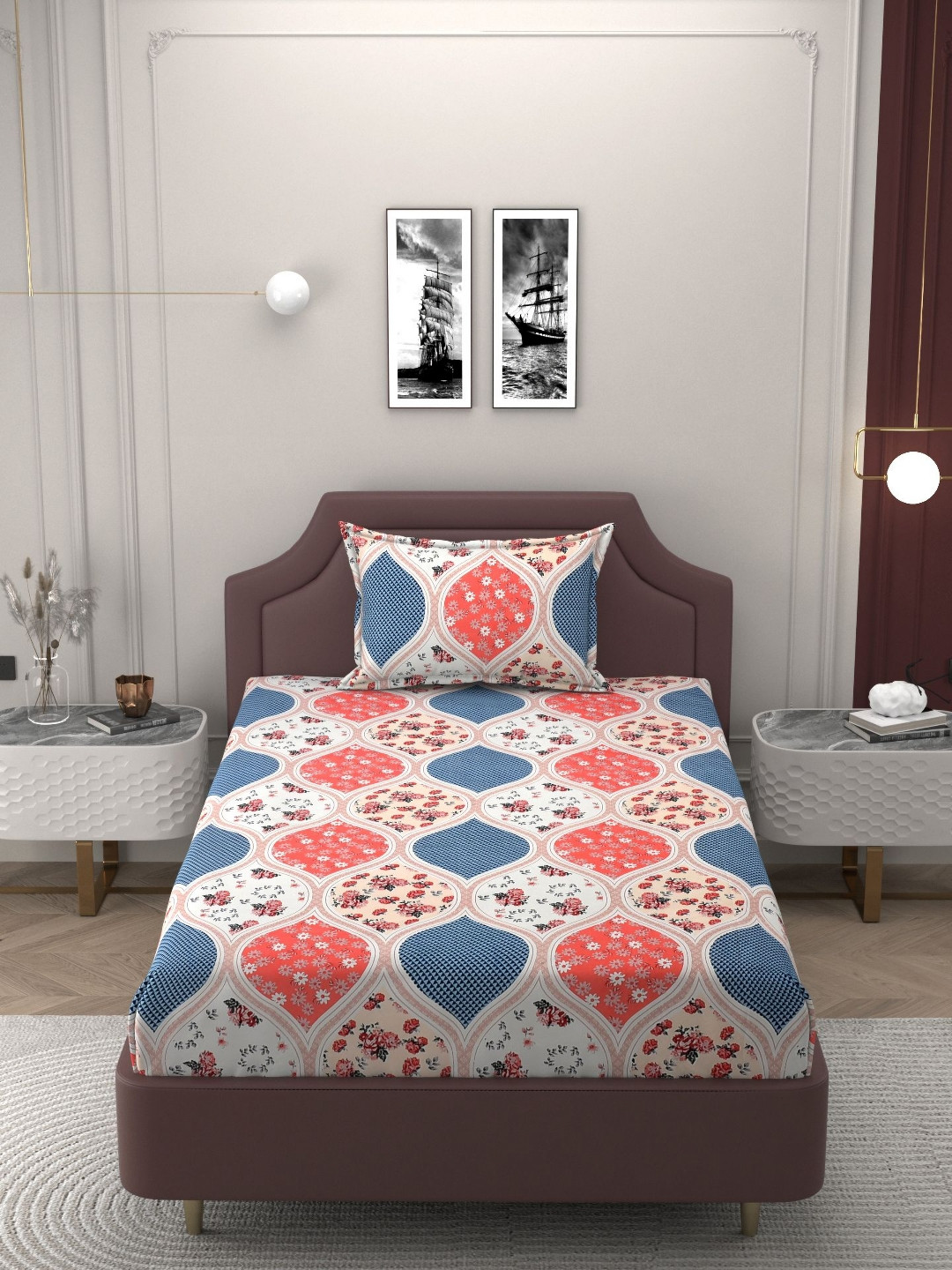 Bromwick Pink Floral Cotton 210 TC Single Superfine Bedsheet with a Pillow Cover-90 x 60 inches