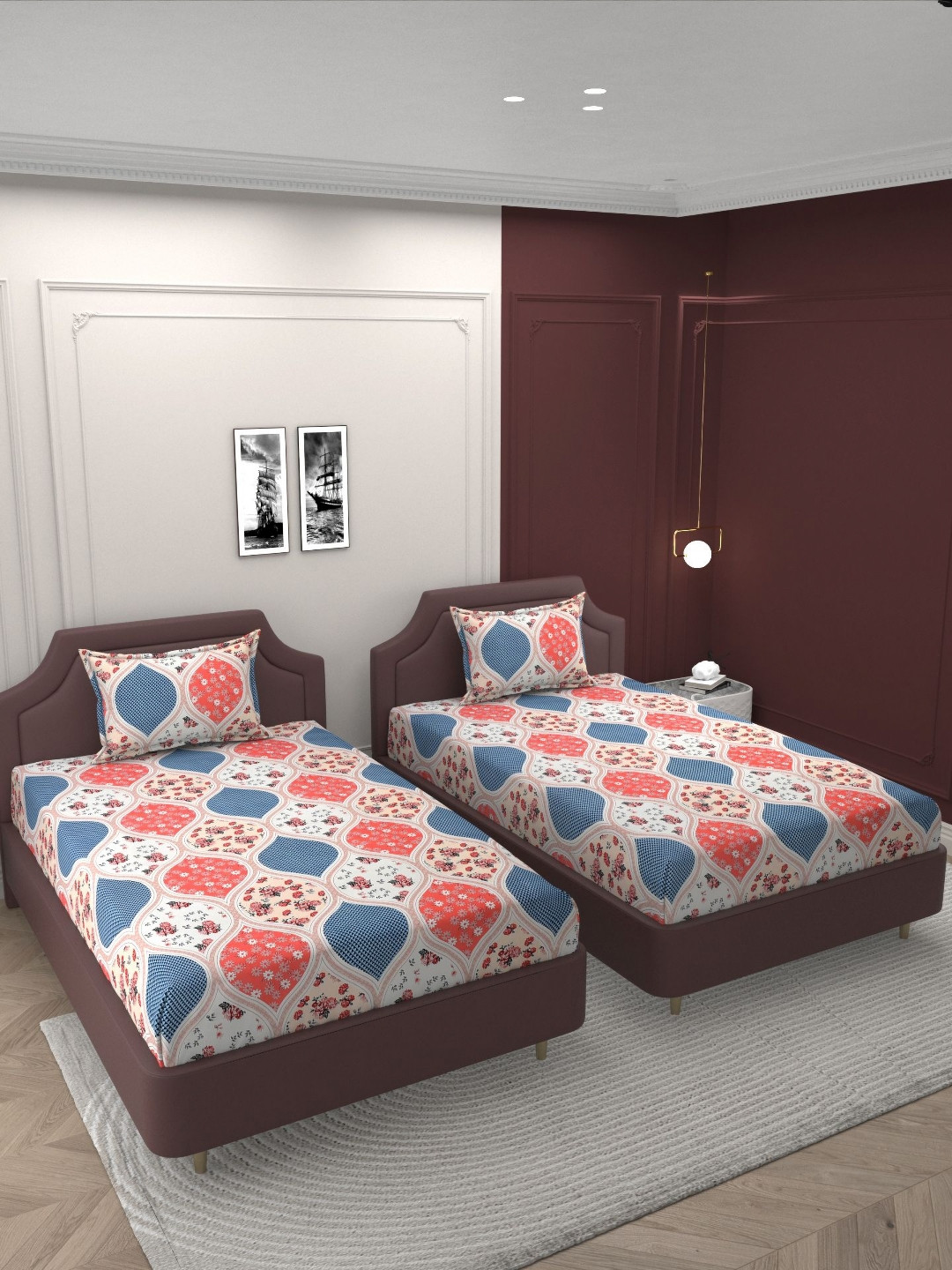 Bromwick Pink Floral Cotton 210 TC Single Superfine 2 Bedsheet with 2 Pillow Covers-90 x 60 inches