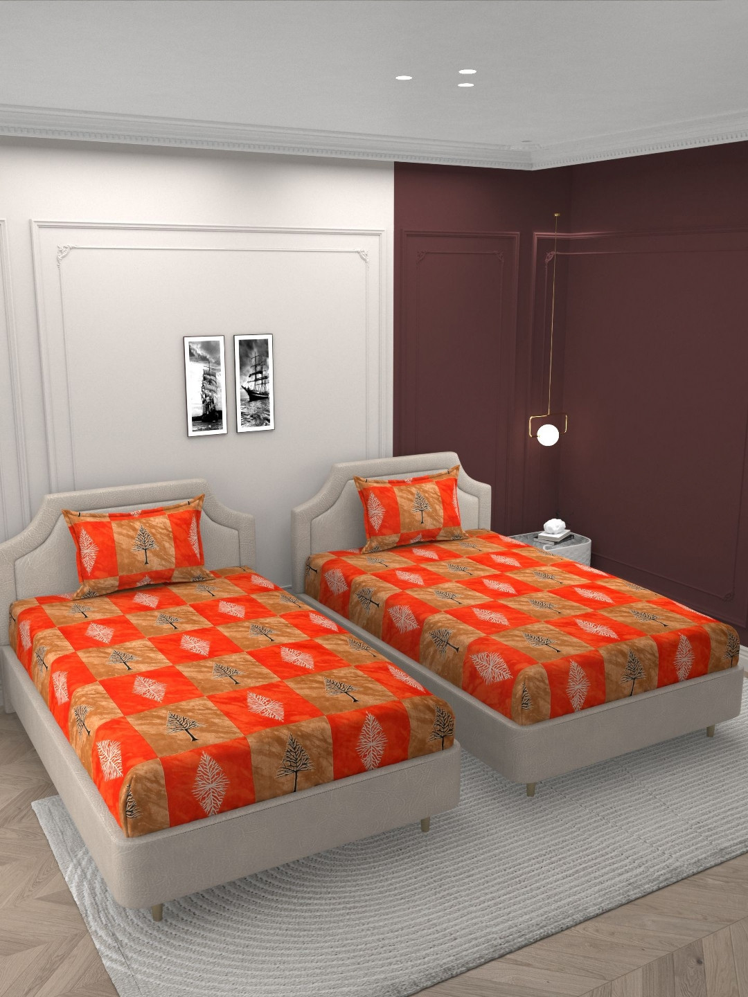 Bromwick Red Leaf Cotton 210 TC Single Superfine 2 Bedsheet with 2 Pillow Covers-90 x 60 inches