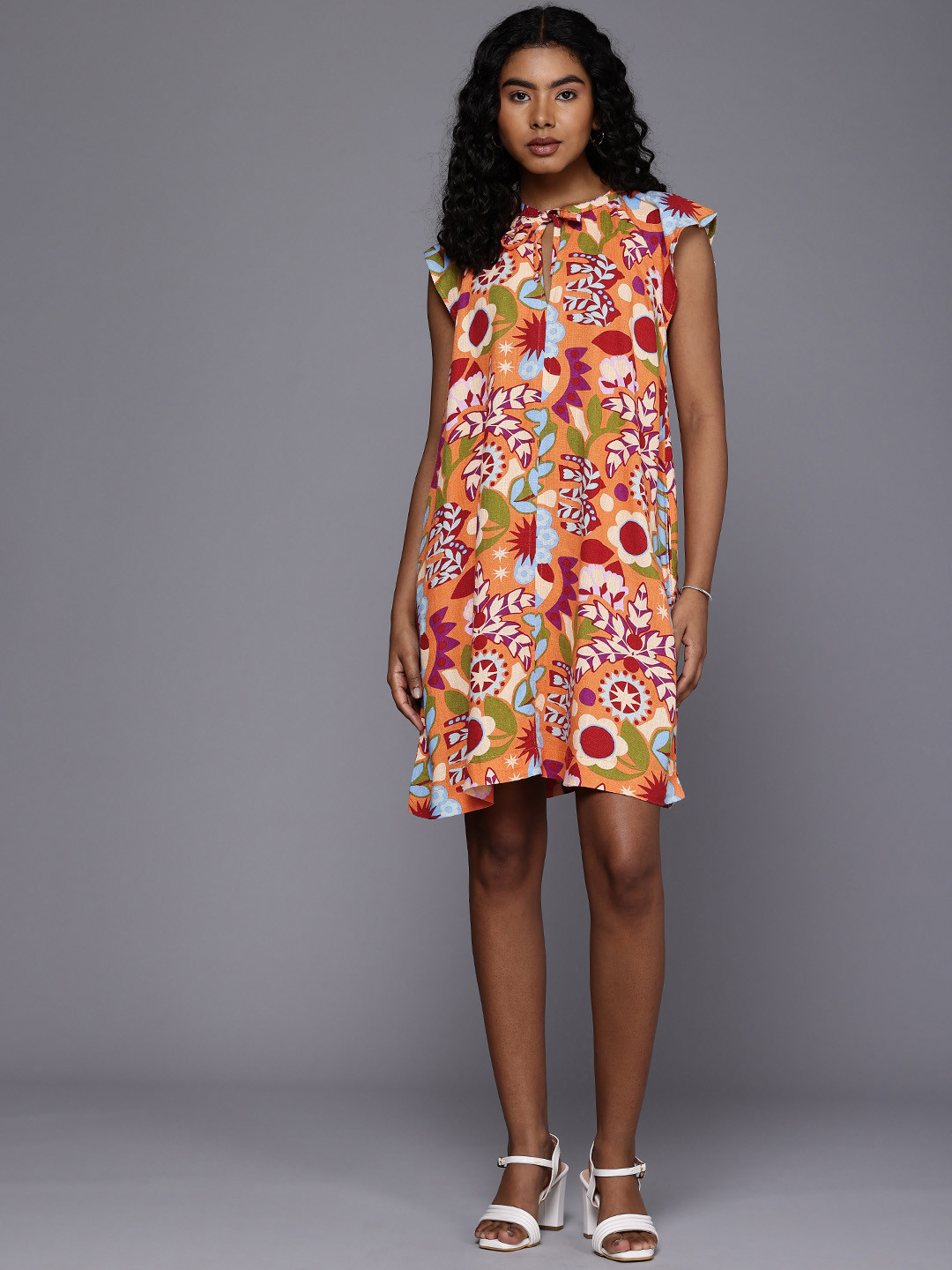 NEXT Floral Print Tie-Up Neck A-Line Dress