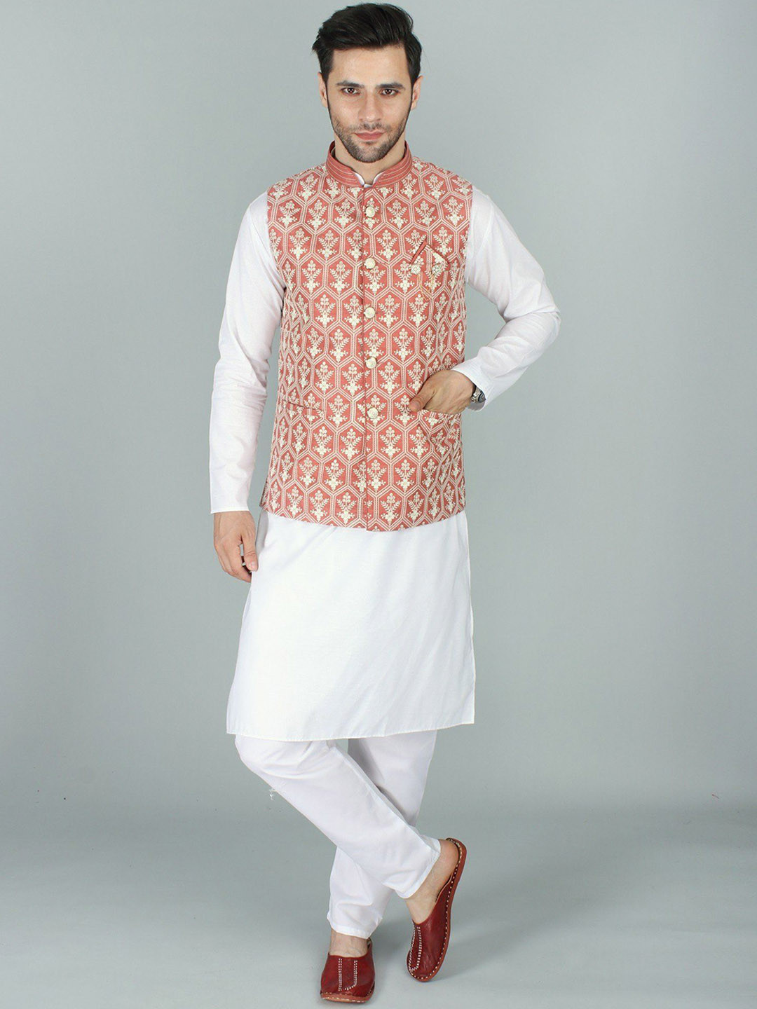 Exotic India Terra Cotta Art Silk Nehru Jacket Waist Coat with Sequin and Chikankari