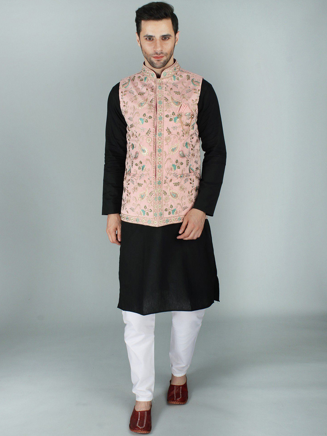 Exotic India Ethnic Nehru Jacket Waistcoat with Floral Embroidery and Sequin Work