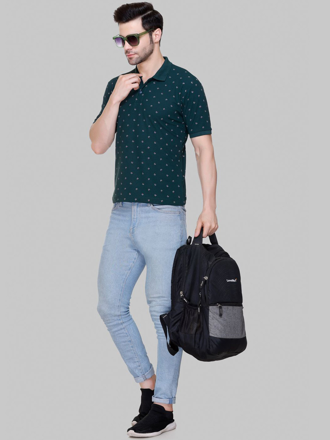 FLOSBERRY Men Green Polo Collar Self Design T-shirt