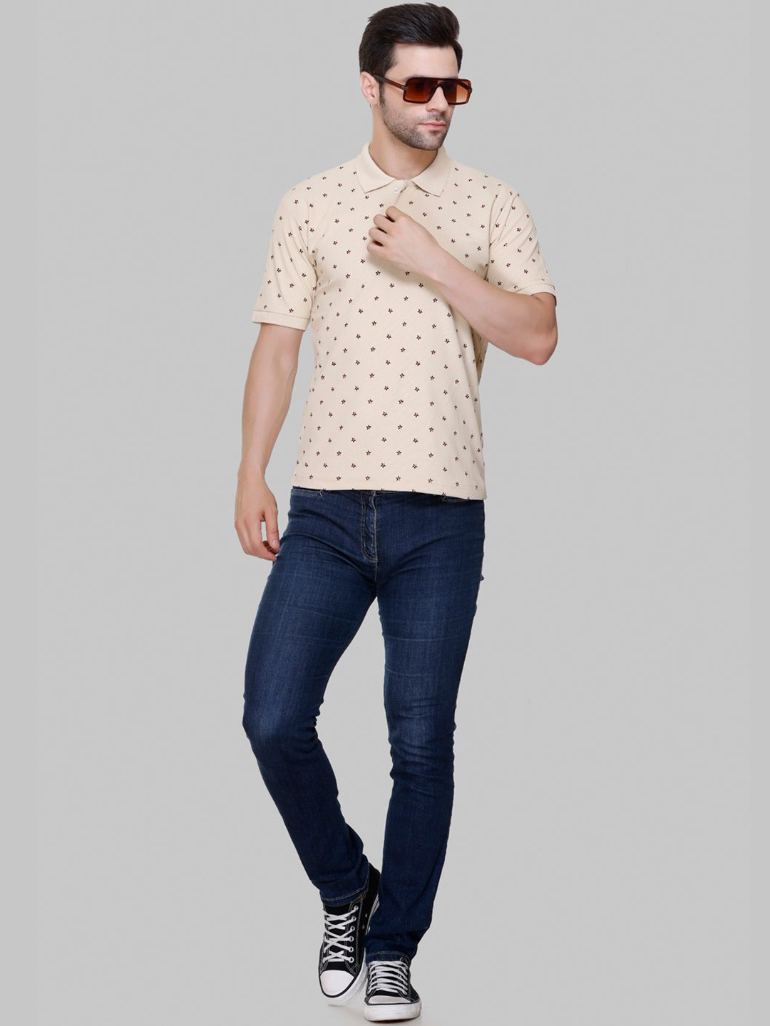 FLOSBERRY Men's Casual Polo Collar Self Design T-shirt