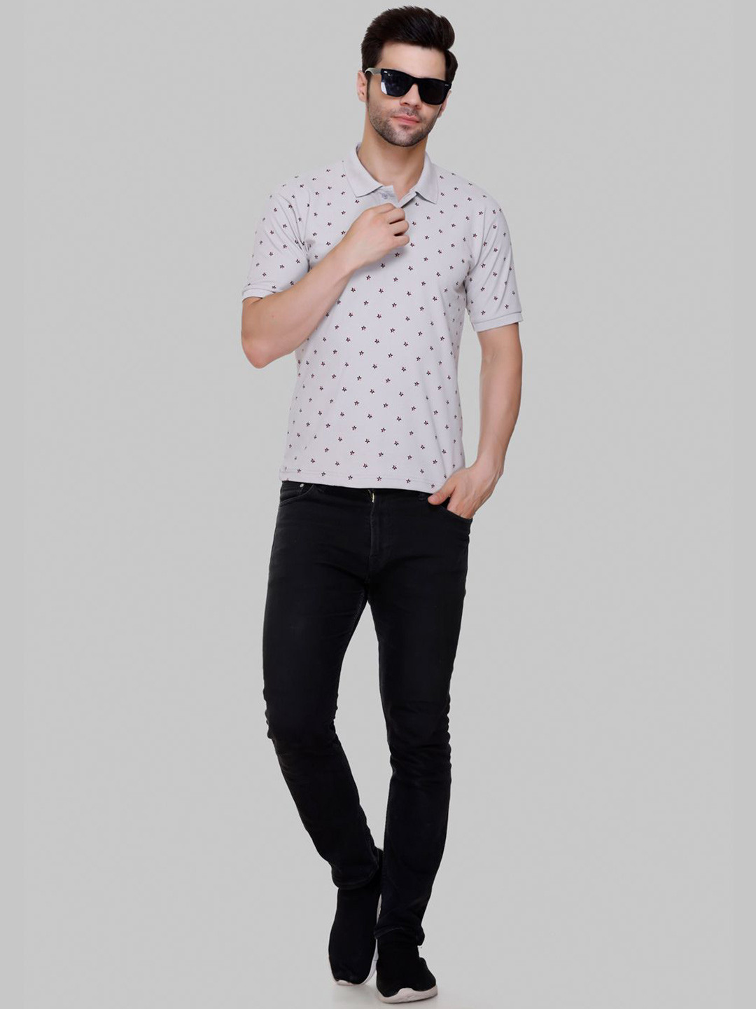 FLOSBERRY Men Grey Polo Collar Self Design T-shirt