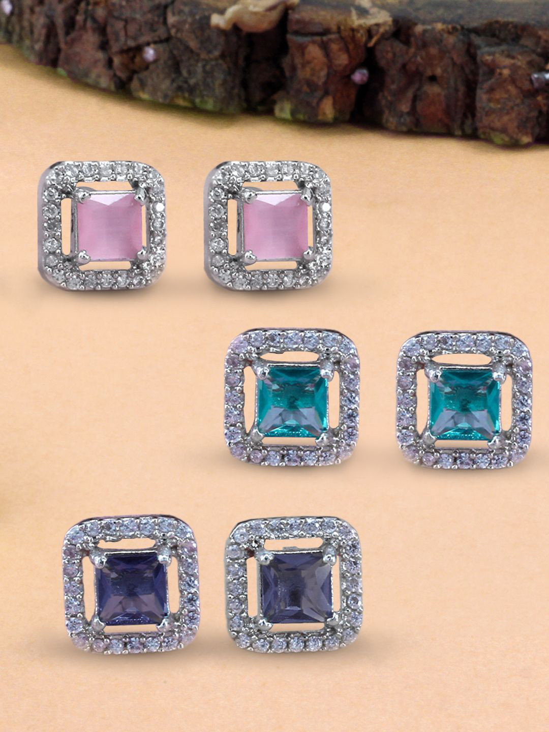 PRIVIU Pair Of 3 Rhodium Plated American Diamond Square Studs Earrings For Women