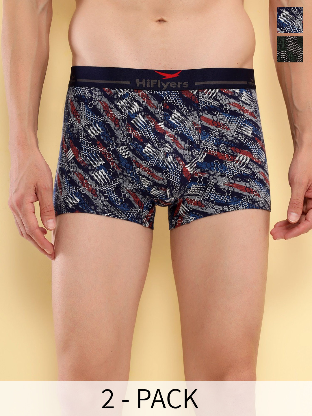HiFlyers Pack Of 2 Printed Anti-Odour Trunks- HF502_PO2_NVY-OLV_S