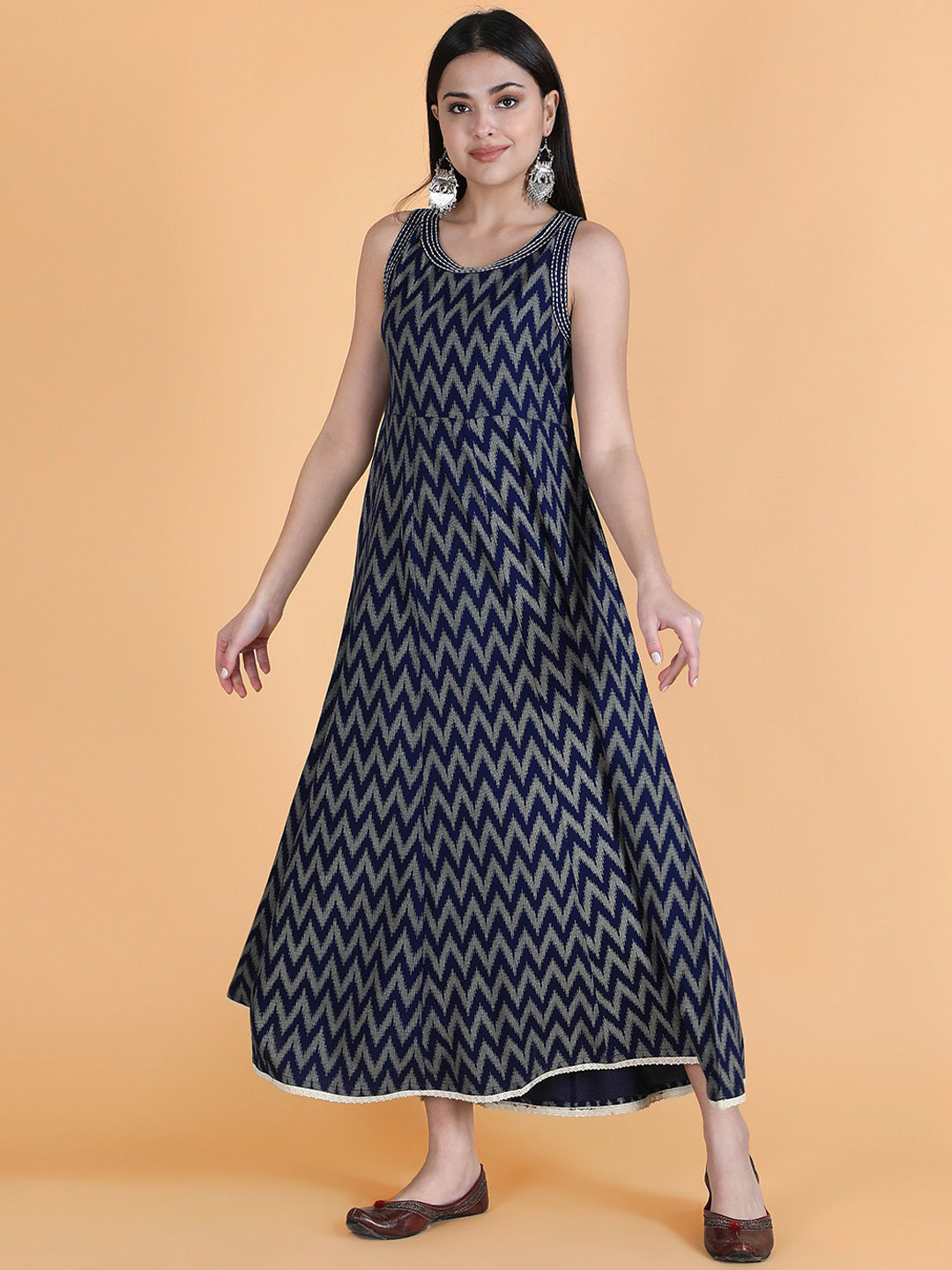 HERE&NOW Women Navy Blue Floral Printed A-line Maxi Ethnic Dresses