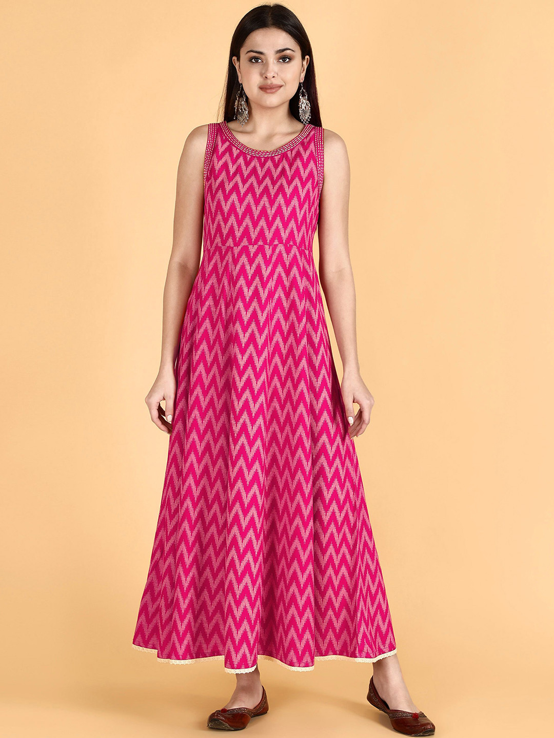 HERE&NOW Women Printed Rayon Pink  A-Line Ethnic Dress