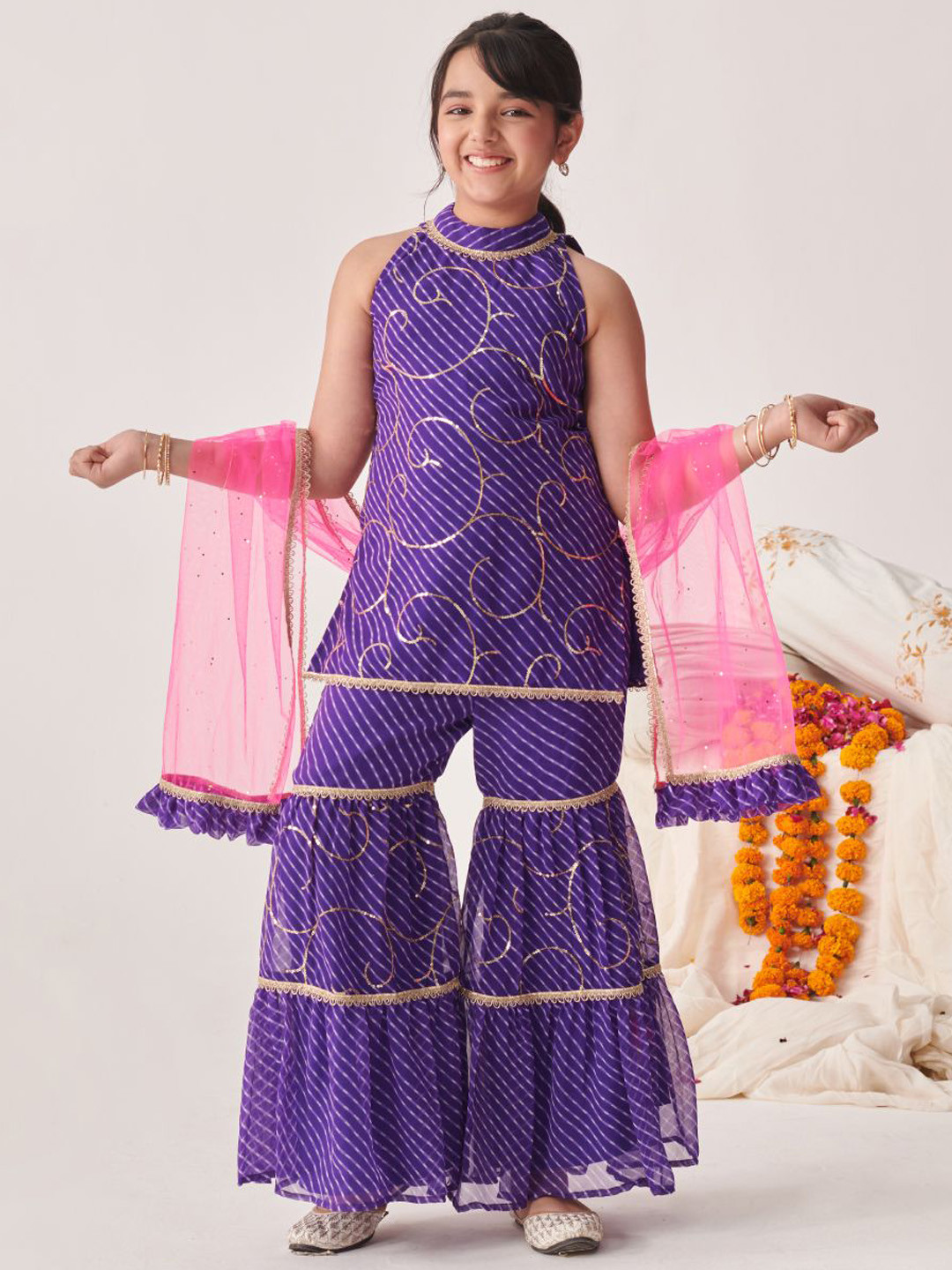 Pspeaches Girls Purple Leheriya Georgette Kurta Sharara Dupatta Set