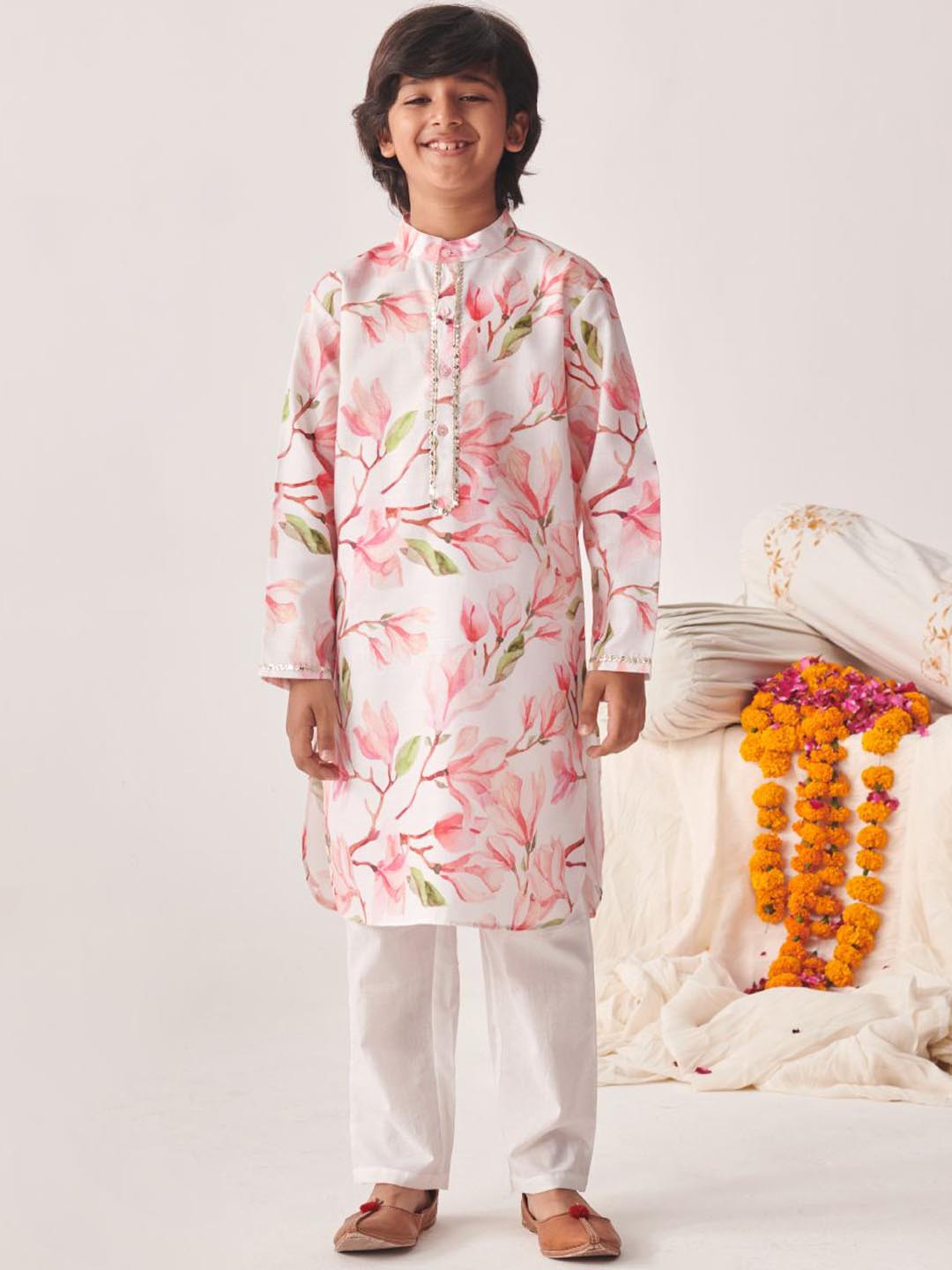 Pspeaches Boys Off White Floral Cotton Kurta Pyjama Set