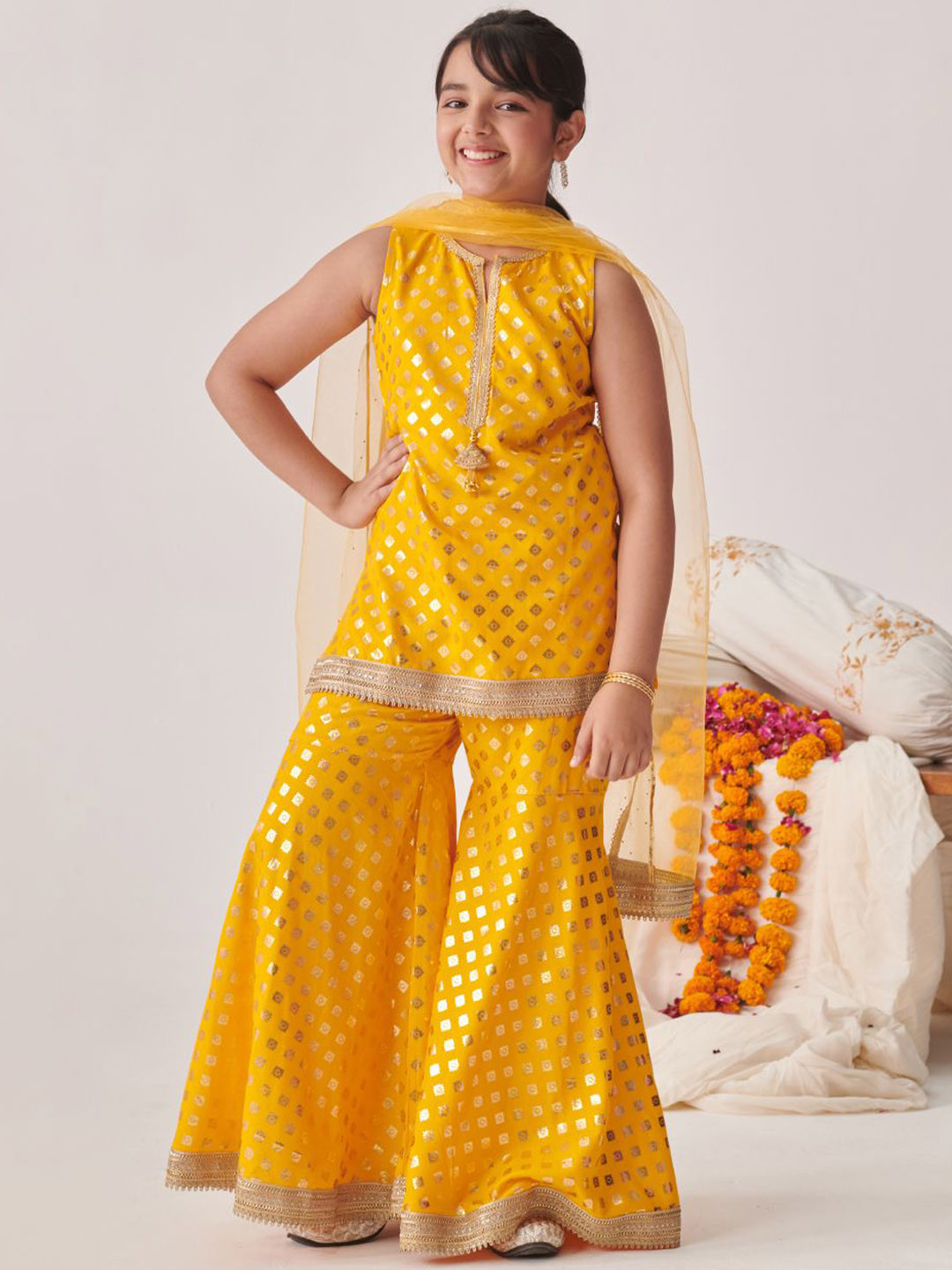 pspeaches Girls Floral Printed Regular Gotta Patti Kurta Sharara With Dupatta