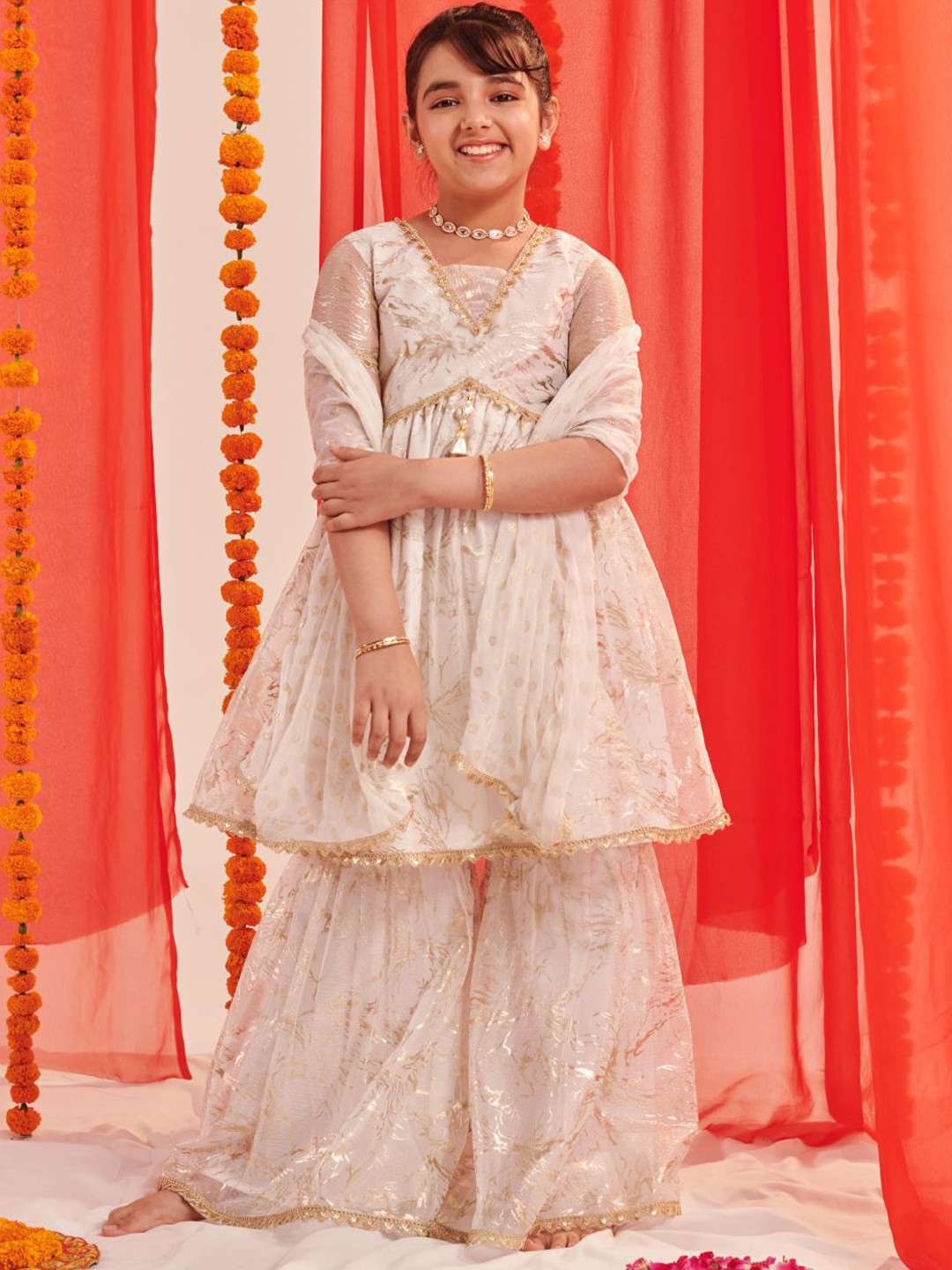 Pspeaches Girls White Foil Net Kurta Sharara Dupatta Set