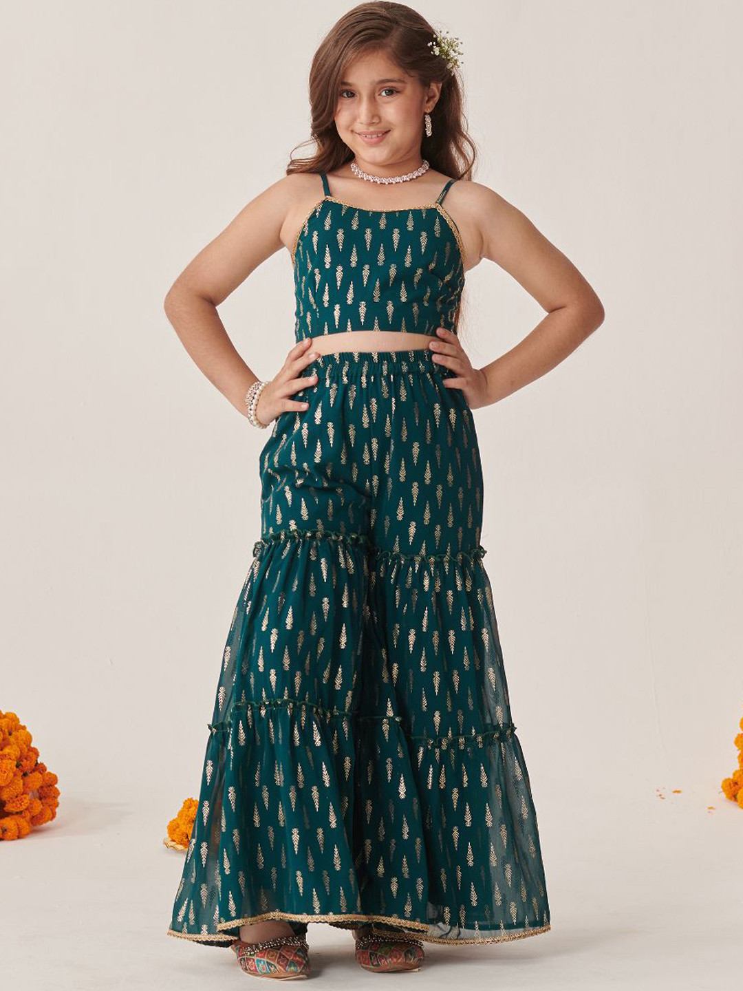 Pspeaches Girls Teal And Green Foil Georgette Top Sharara Jacket Set