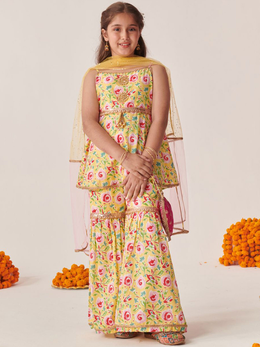 Pspeaches Girls Yellow Cotton Kurta Sharara Dupatta Set