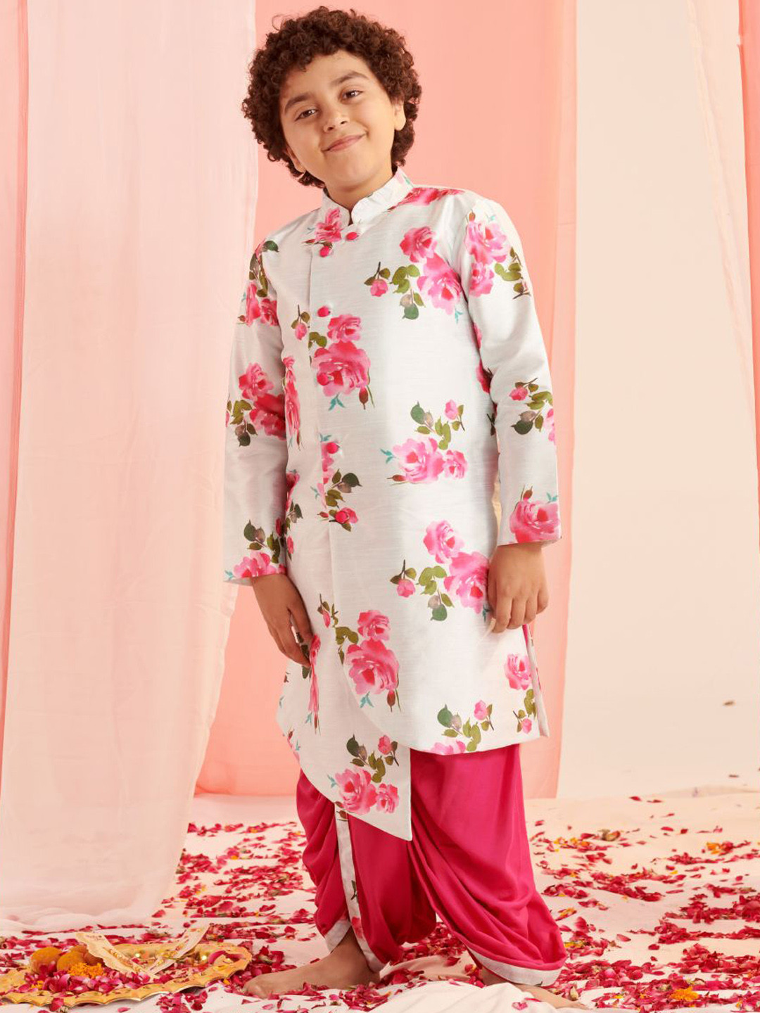 Pspeaches Boys Off White And Pink Dupion Kurta Dhoti Set
