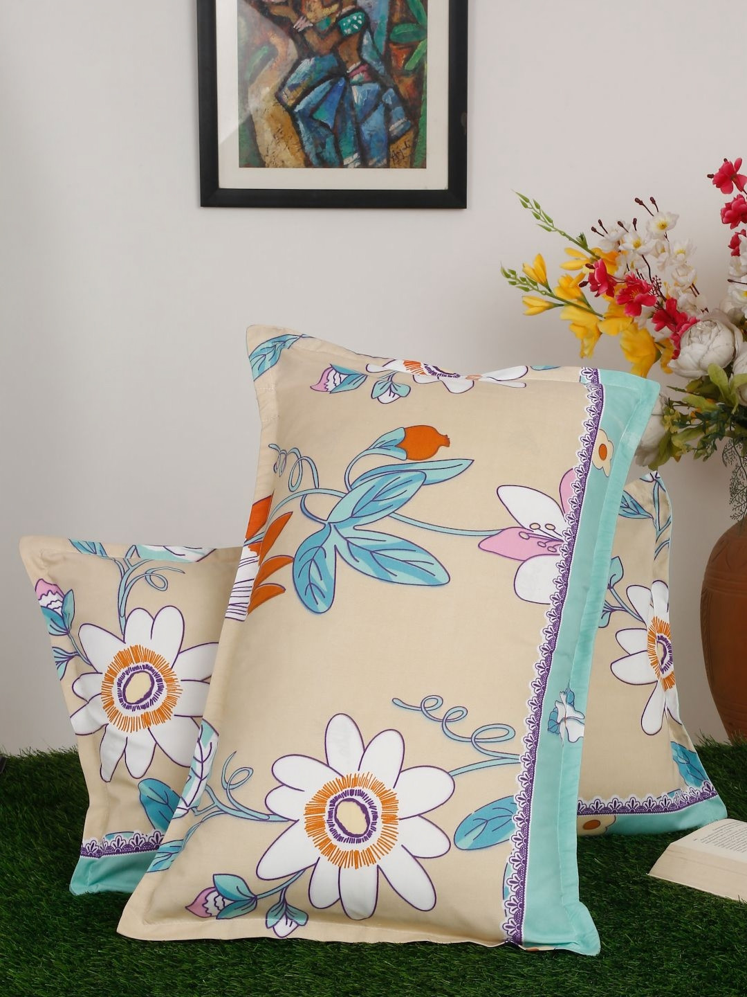 Arrabi Beige 2 Pieces Abstract Linen Rectangle Pillow Covers