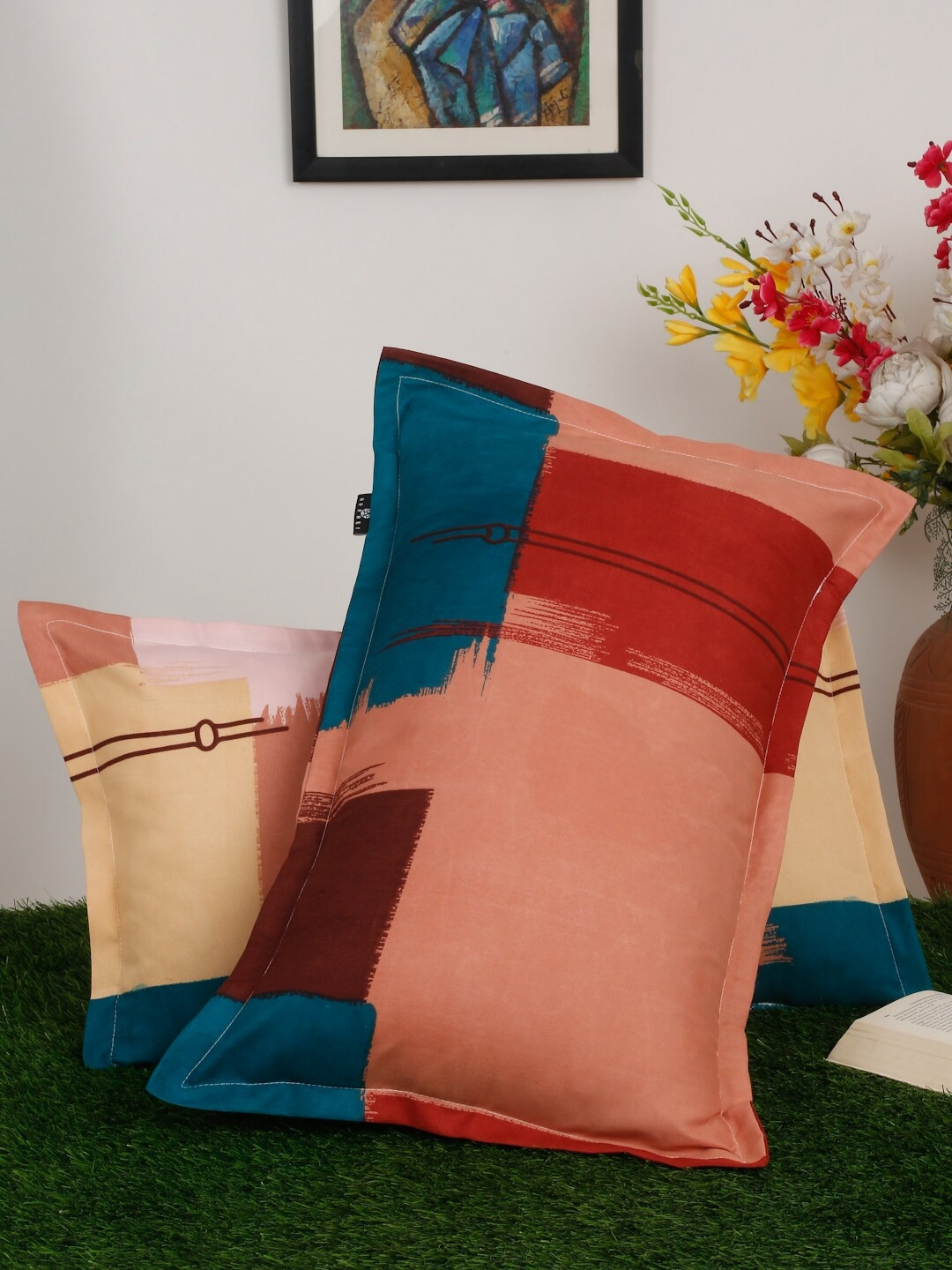 Arrabi Pink & Red 2 Pieces Abstract Linen Rectangle Pillow Covers