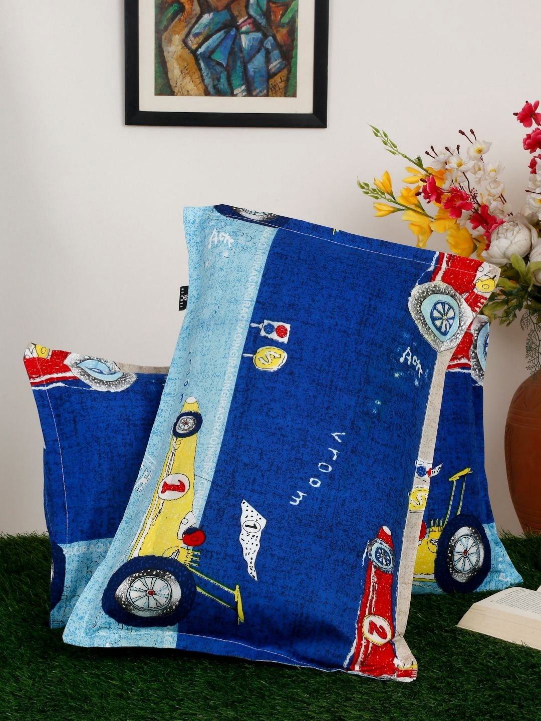 Arrabi Blue 2 Pieces Abstract Linen Rectangle Pillow Covers