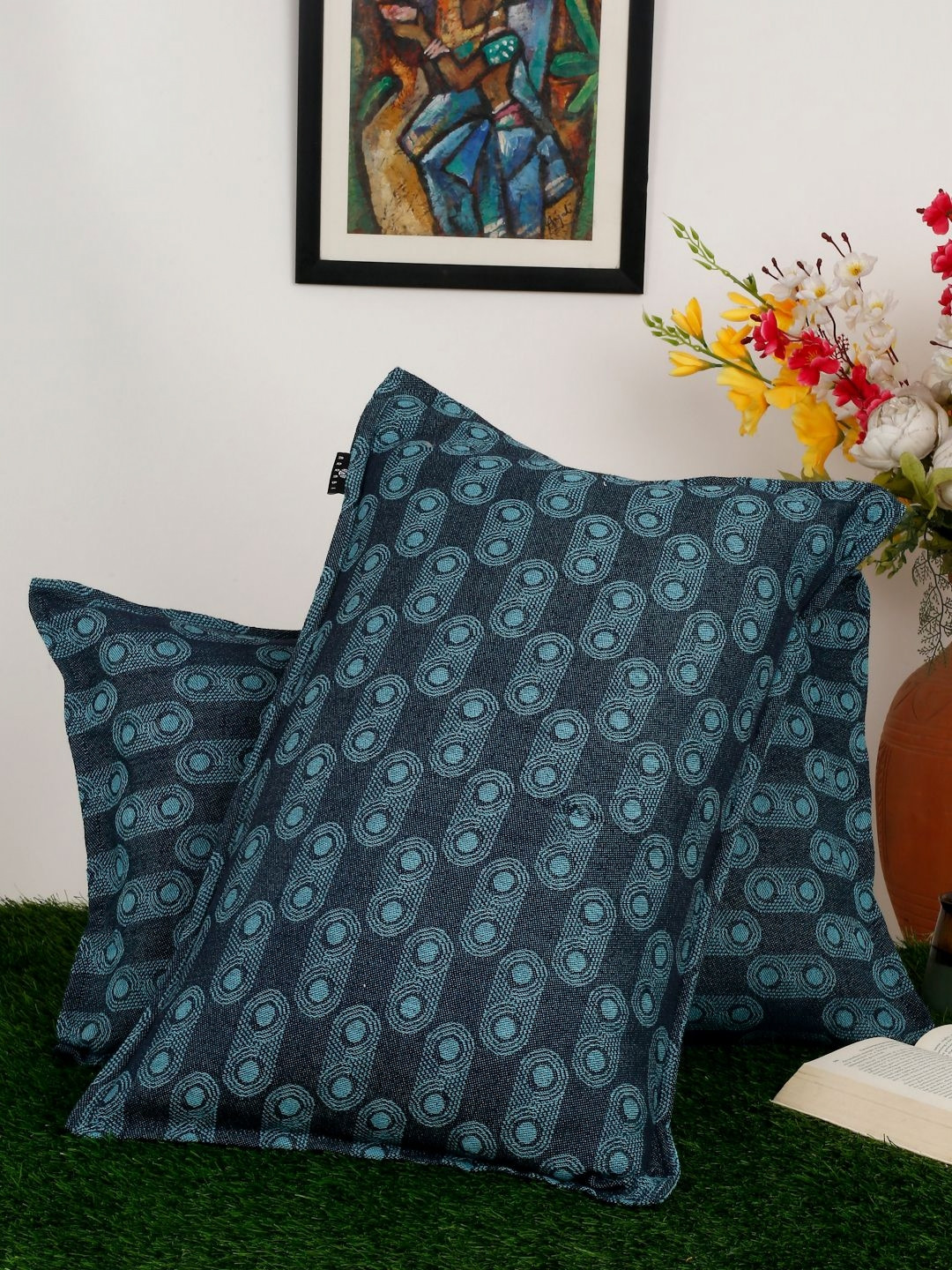 Arrabi Blue & Black 2 Pieces Abstract Pure Cotton Rectangle Pillow Covers