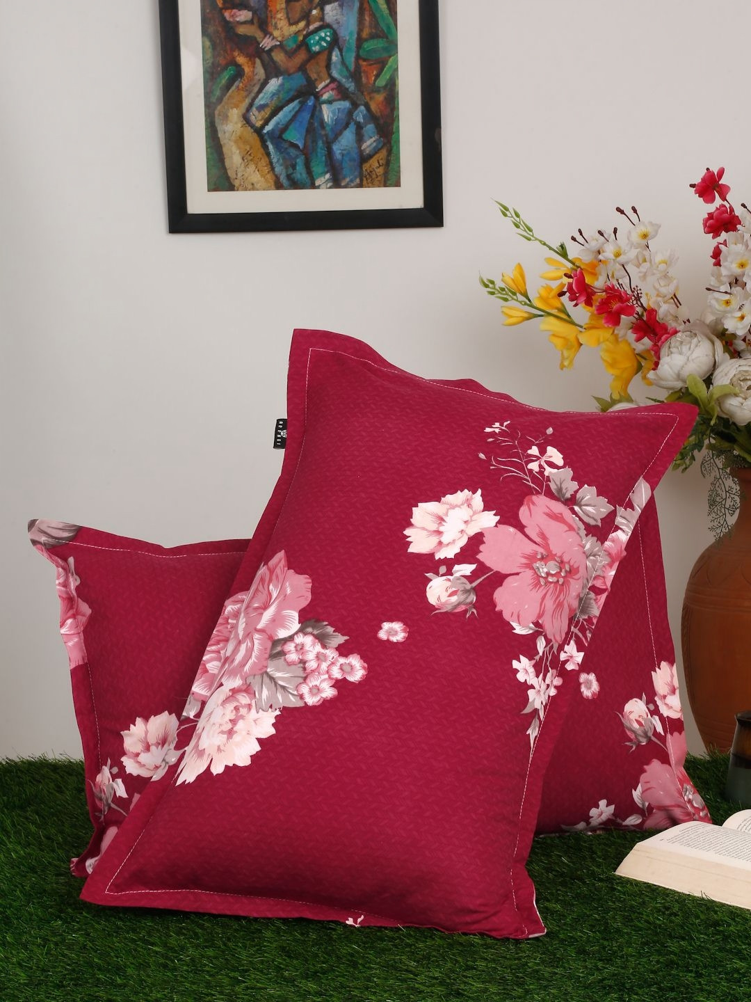 Arrabi Red & White 2 Pieces Self Design Linen Rectangle Pillow Covers