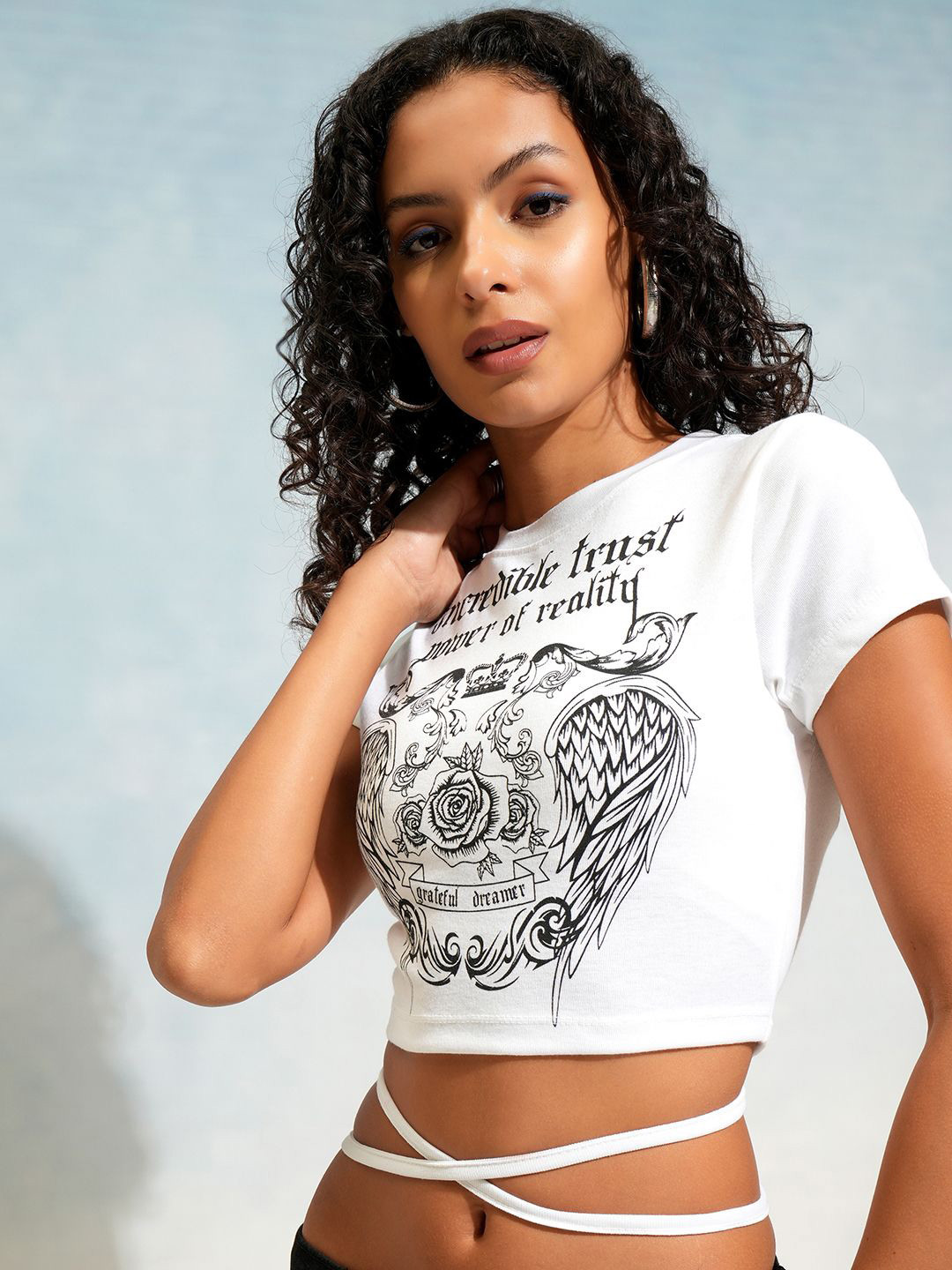 Street By Tokyo Talkies Waist Tie-Ups Graphic Printed Crop Top