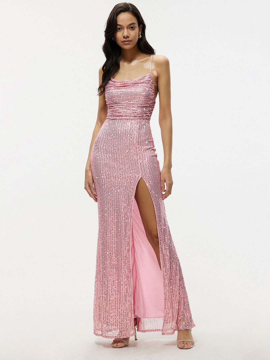 bebe Pink Sequin Embellished Spaghetti Strap Ruched Slit Maxi Dress