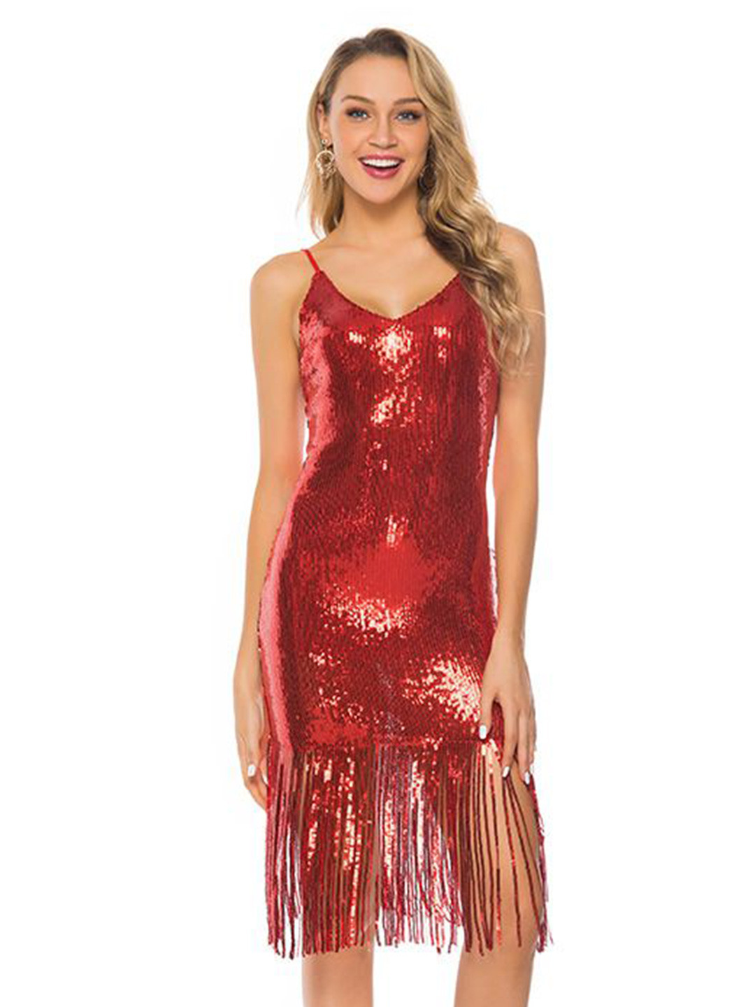 bebe Red Sequin Embellished Spaghetti Strap Fringe Hem Dress