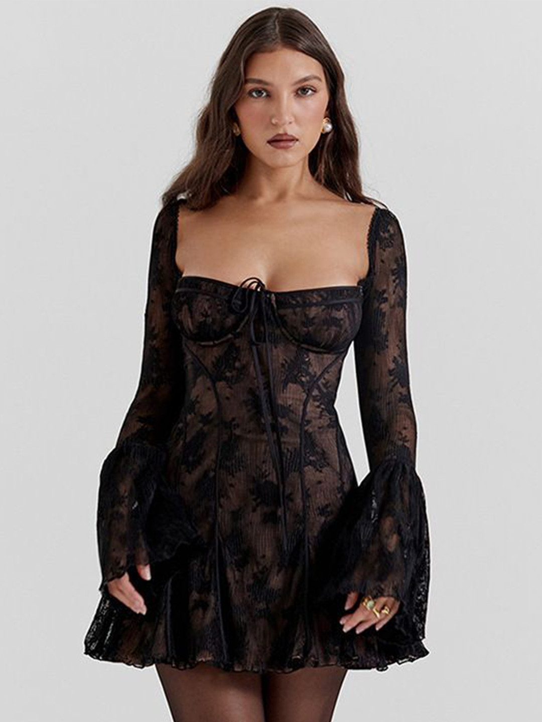 bebe Black Lace Flared Cuff Sleeve Mini Dress