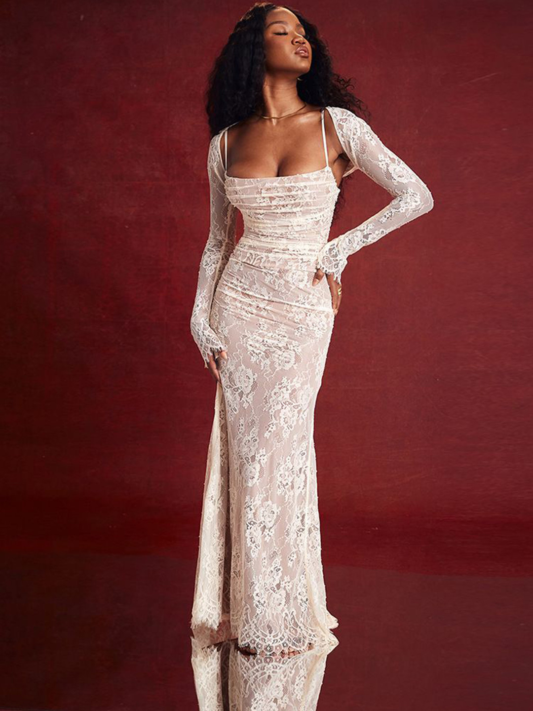 bebe White Ruched Lace Maxi Dress with Long Sleeve Shrug