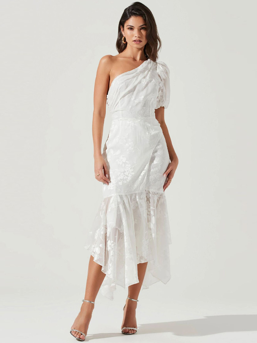 bebe One Shoulder Floral Design Ruched Asymmetric Hem Dress