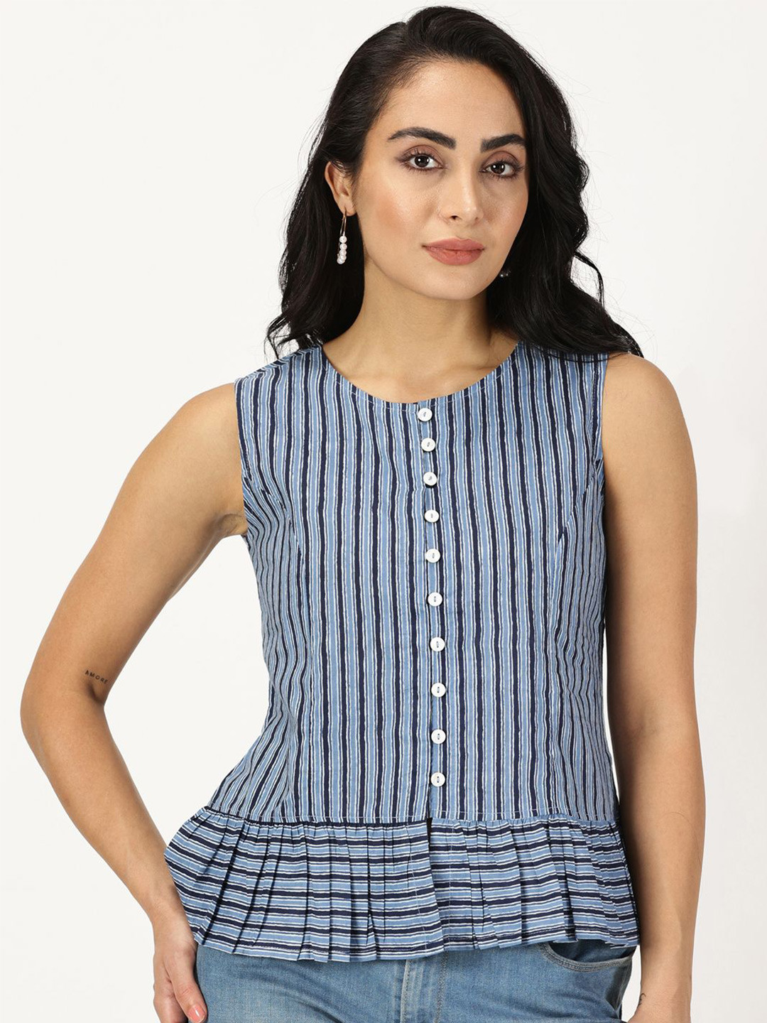 Saffron Threads Striped Indigo Cotton Top