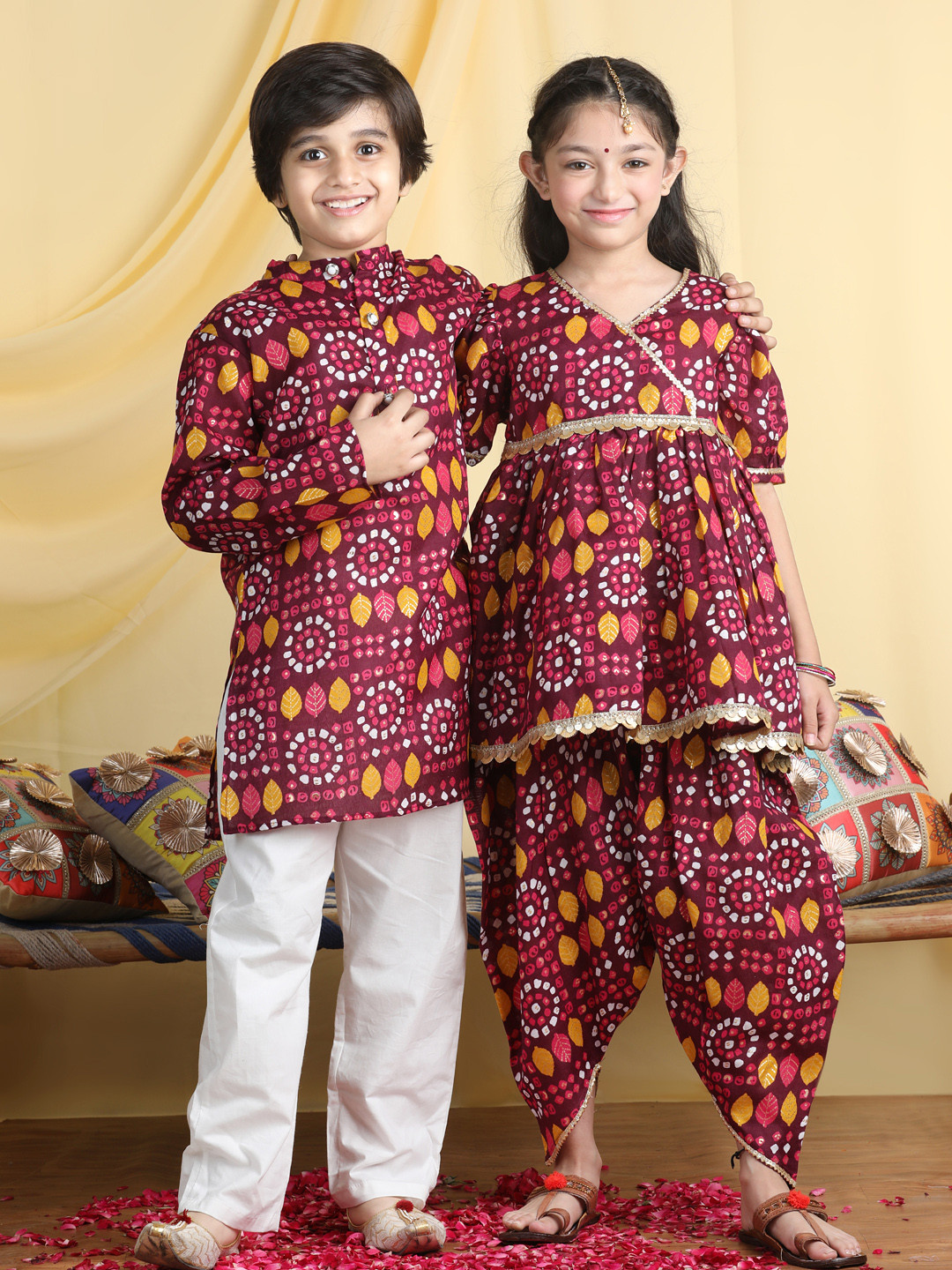 Cutiekins Girls Bandhani Printed Angrakha Gotta Patti Kurta with Dhoti Pants