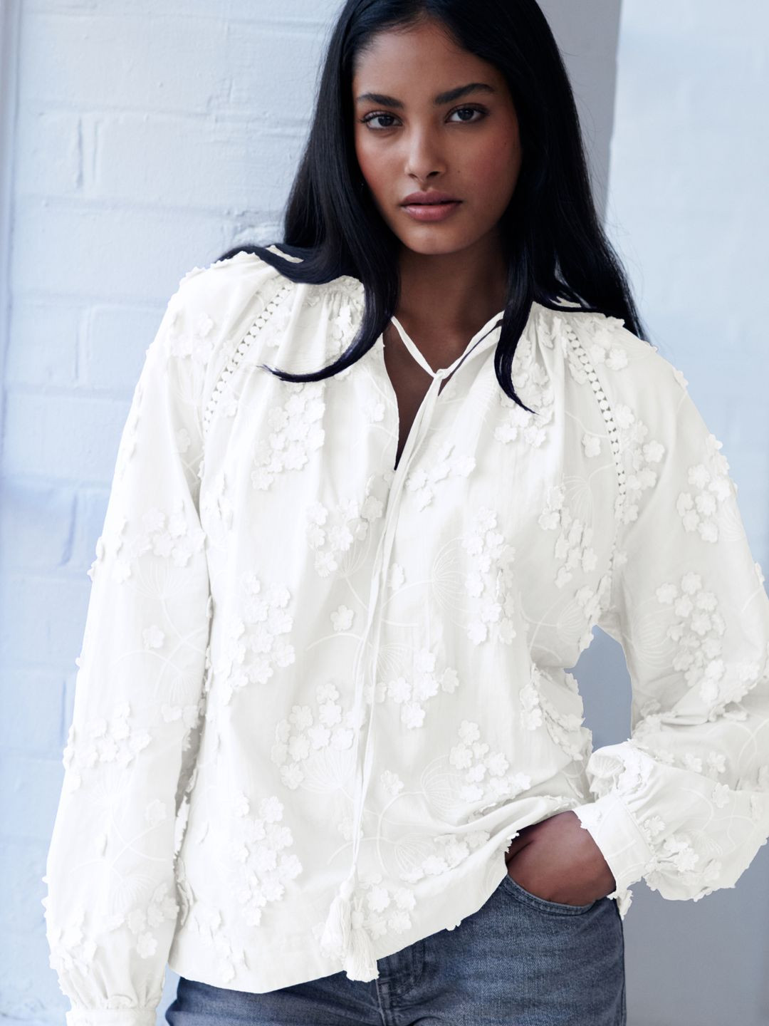 NEXT Pure Cotton Floral Embroidered Corsage Tie-Up Neck Top