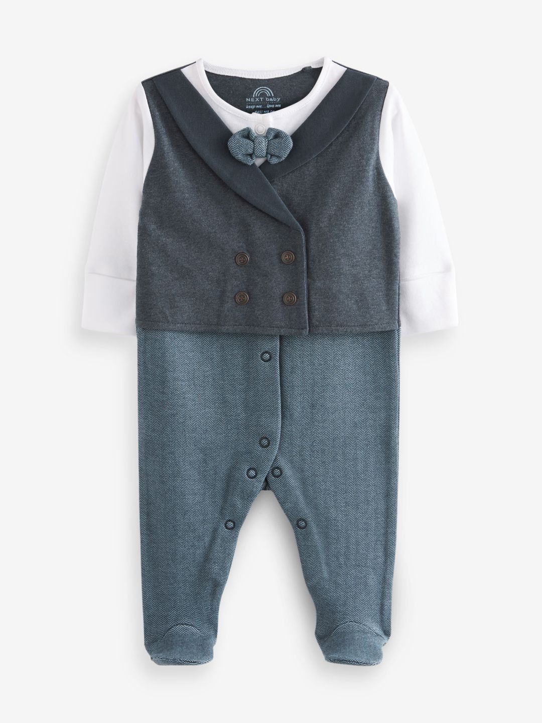 NEXT Infant Boys Pure Cotton Chevron Striped Sleepsuit with Attached Waistcoat & Bow Tie