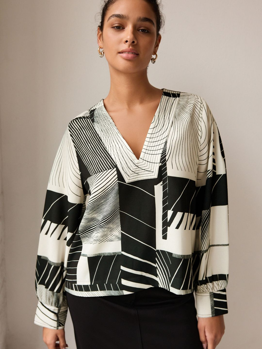 NEXT Geometric Printed V-Neck Puff Sleeves Monochrome Top