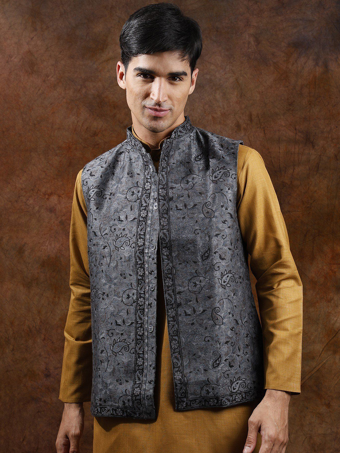 Exotic India Men Wool Jamawar Kani Paiselys Jaal Weave Nehru Jacket