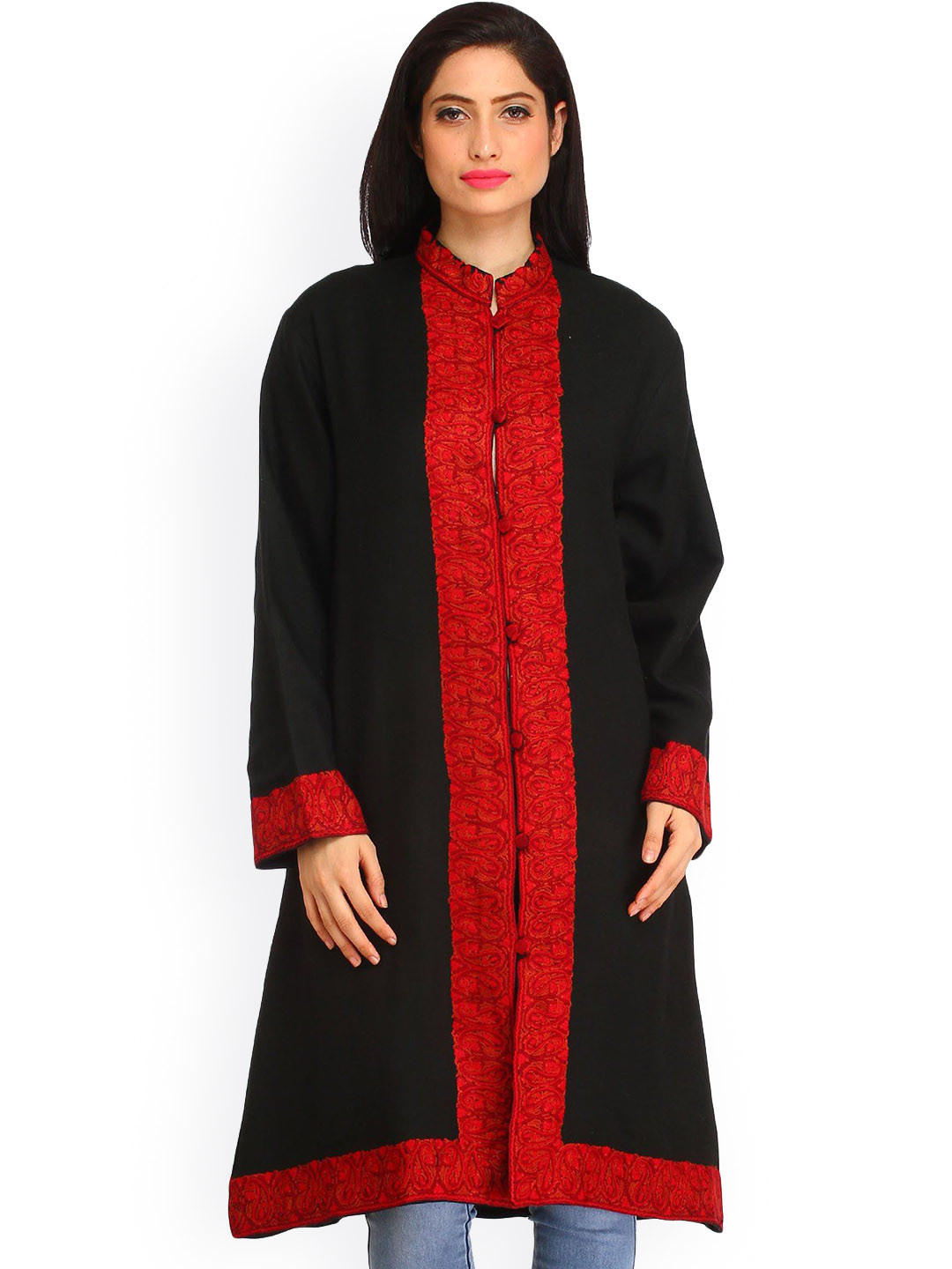 Exotic India Jet Black Kashmiri Long Jacket with Aari Hand-Embroidered Paisleys on Border