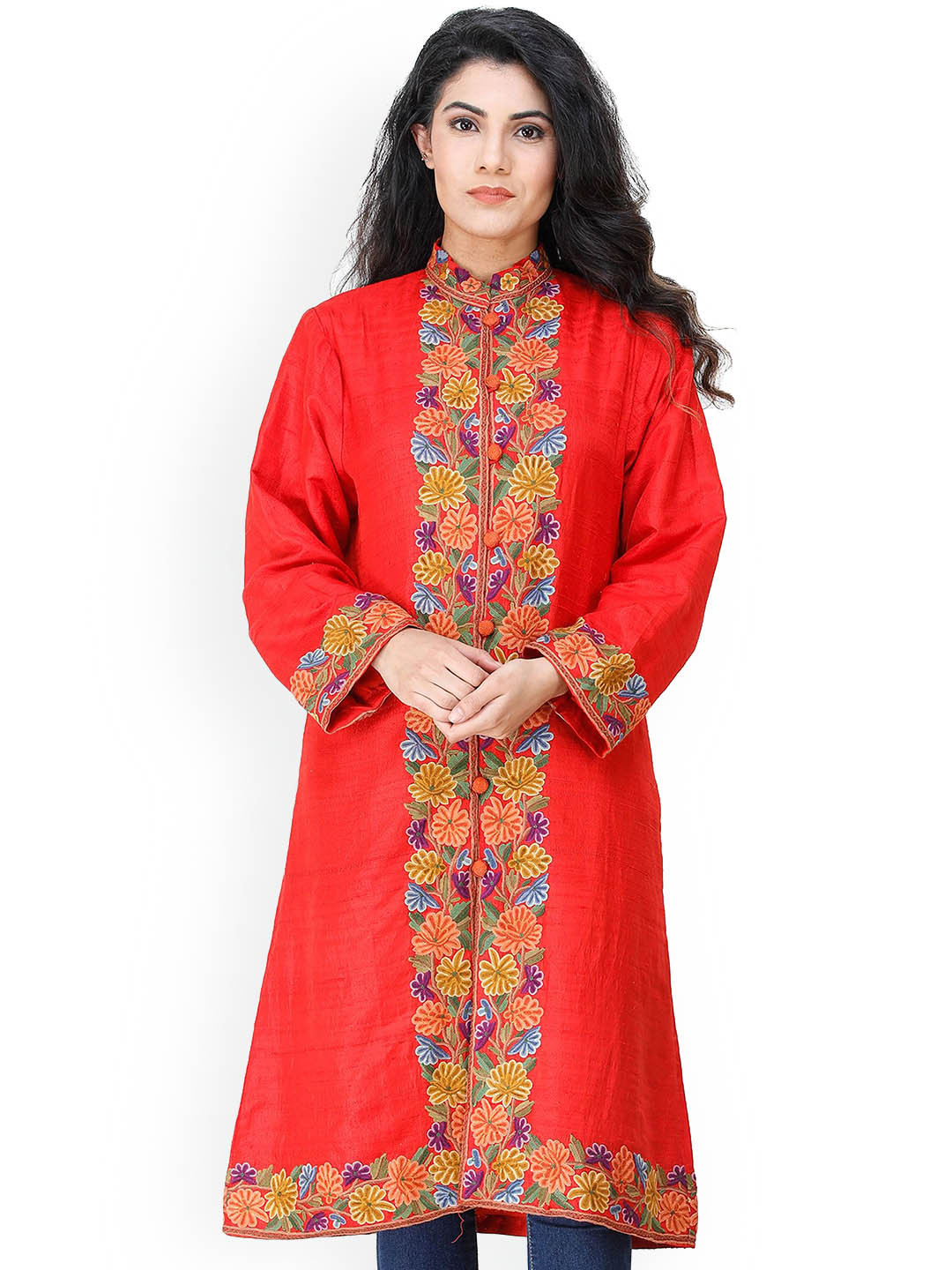 Exotic India Flame Scarlet Pure Silk Kashmiri Long Jacket with Aari Embroidery