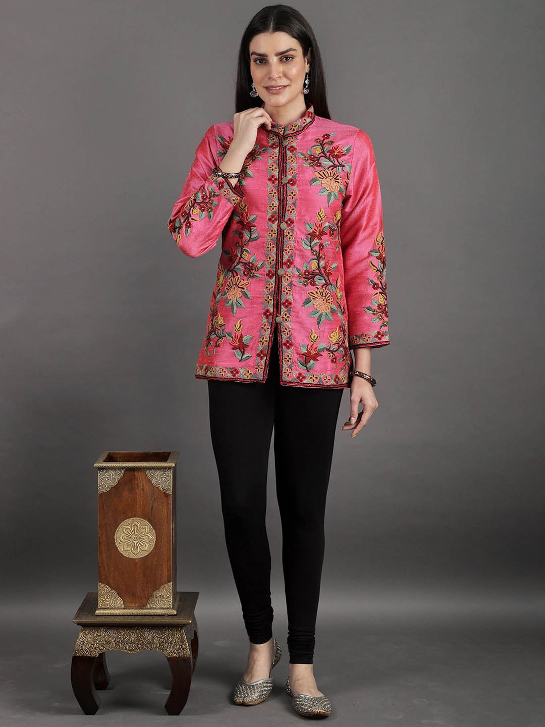 Exotic India Mandarin Collar Kashmiri Jacket with Kashida Embroidered Flowers