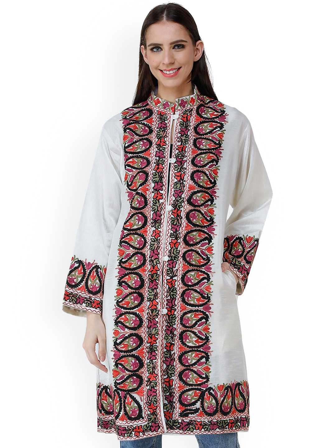 Exotic India Snow White Kashmiri Jacket with Chain Stitch Embroidered Flowers and Paisleys