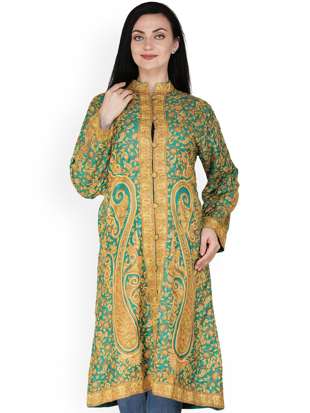 Exotic India Green Tambourine Kashmiri Long Jacket with All-Over Embroidered Paisleys